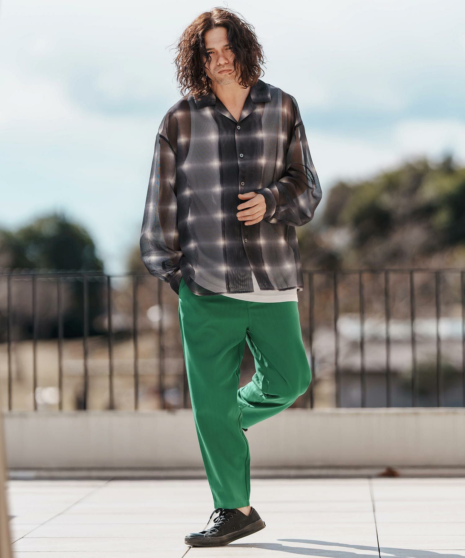 50%OFF【CAMBIO(カンビオ)】オンブレチェックオープンカラーLSメッシュ