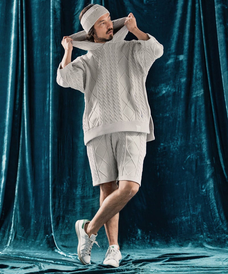 ANGENEHM(アンゲネーム)】Airy yarn cable stitch short sleeve hoodie 