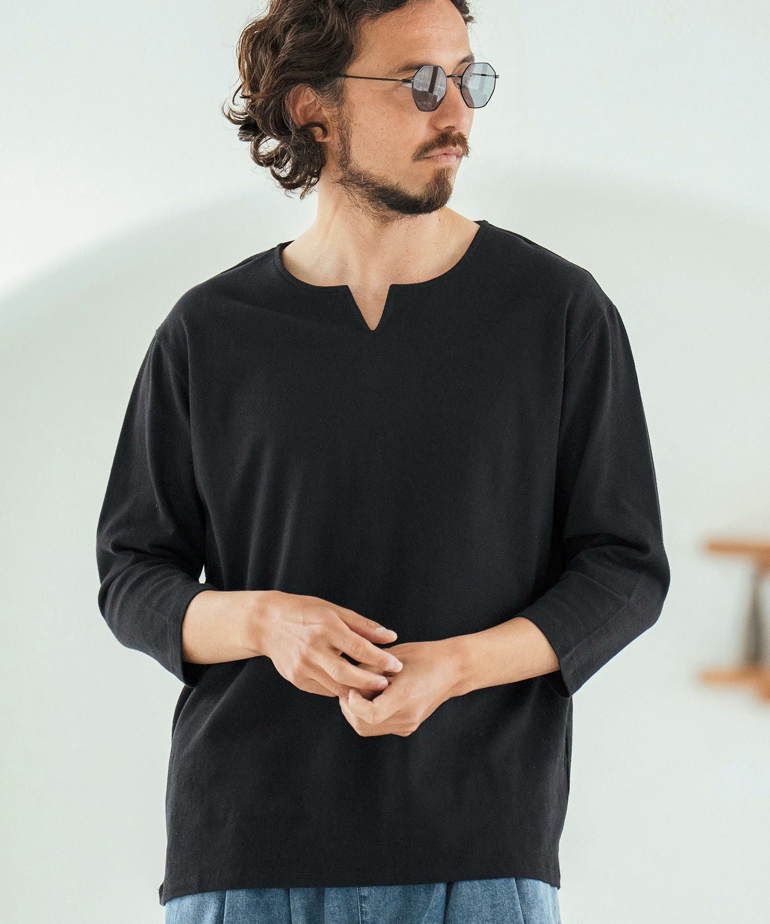 Magine(マージン)】Linen Blend Fabric Keyneck T-shirt 7分袖Tシャツ