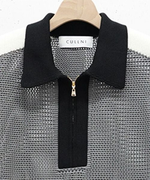 30%OFF【CULLNI(クルニ)】Bi Color Mesh Knit Zip Up Polo Shirt