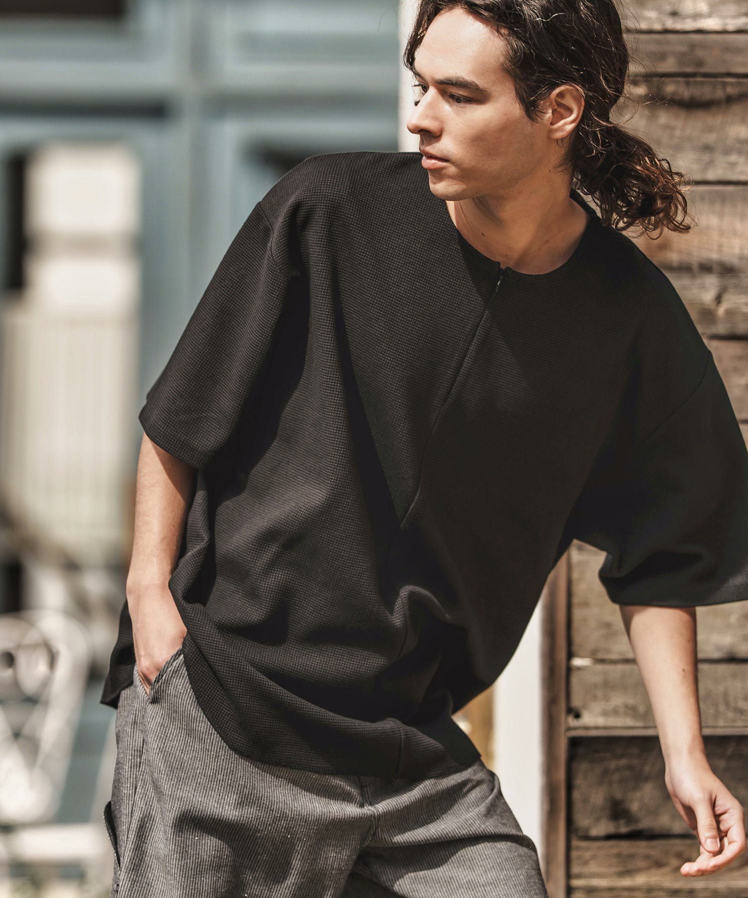 CAMBIO(カンビオ)】Zip Up Henley Neck Waffle Cut sew Tシャツ