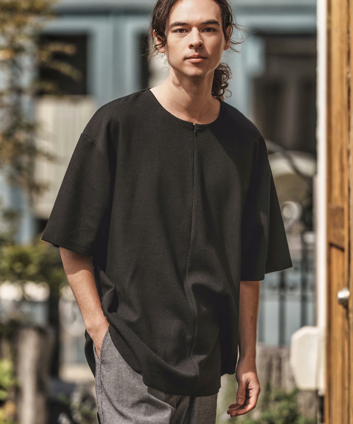 30%OFF【CAMBIO(カンビオ)】Zip Up Henley Neck Waffle Cut sew T