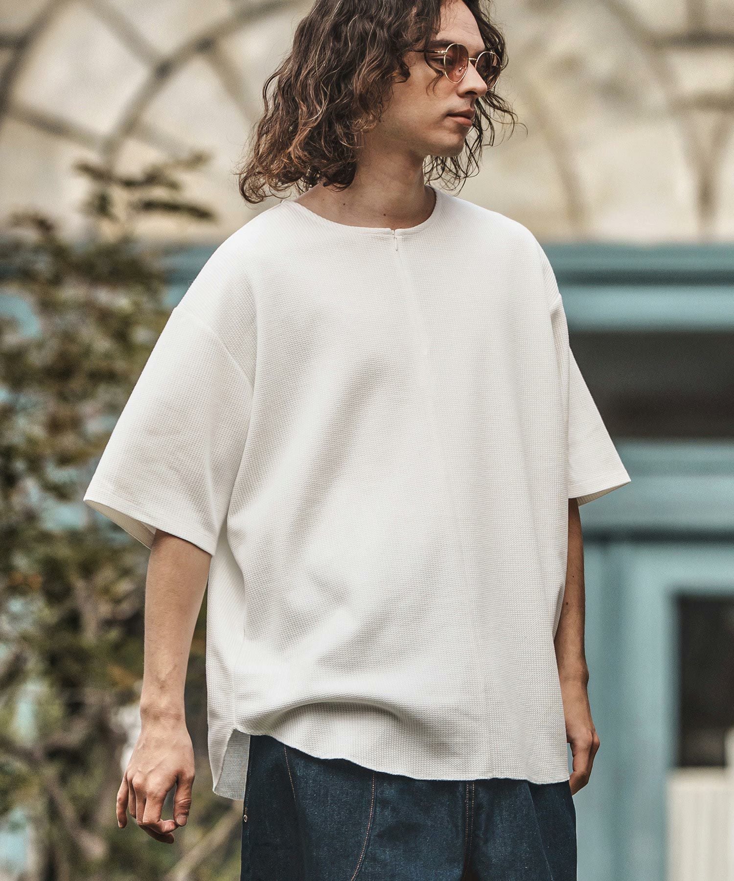CAMBIO(カンビオ)】Zip Up Henley Neck Waffle Cut sew Tシャツ