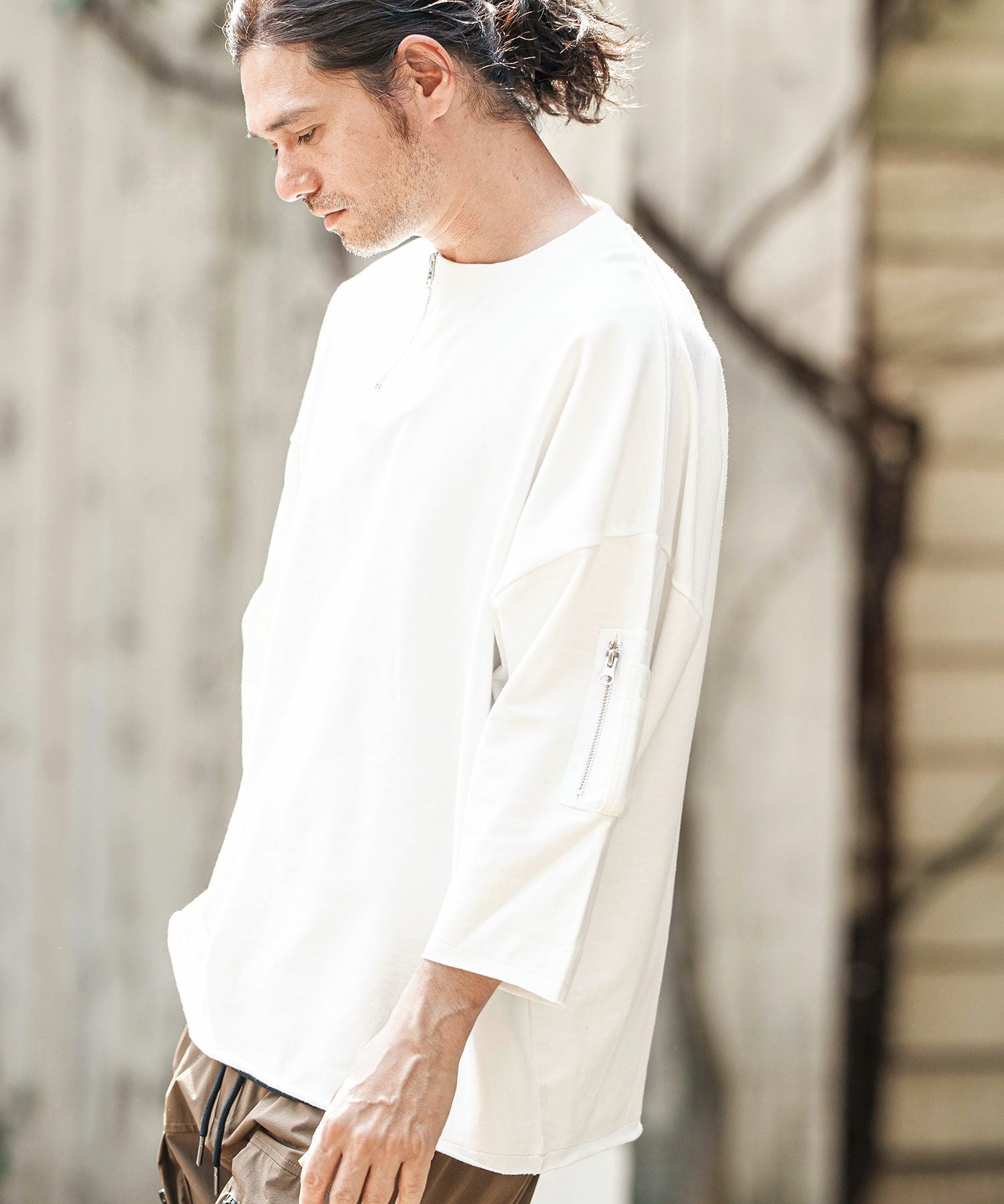 132.5トップス CAMBIO(カンビオ)】Zipper Neck 3-4 Sleeve Cut sew 半端袖カットソー