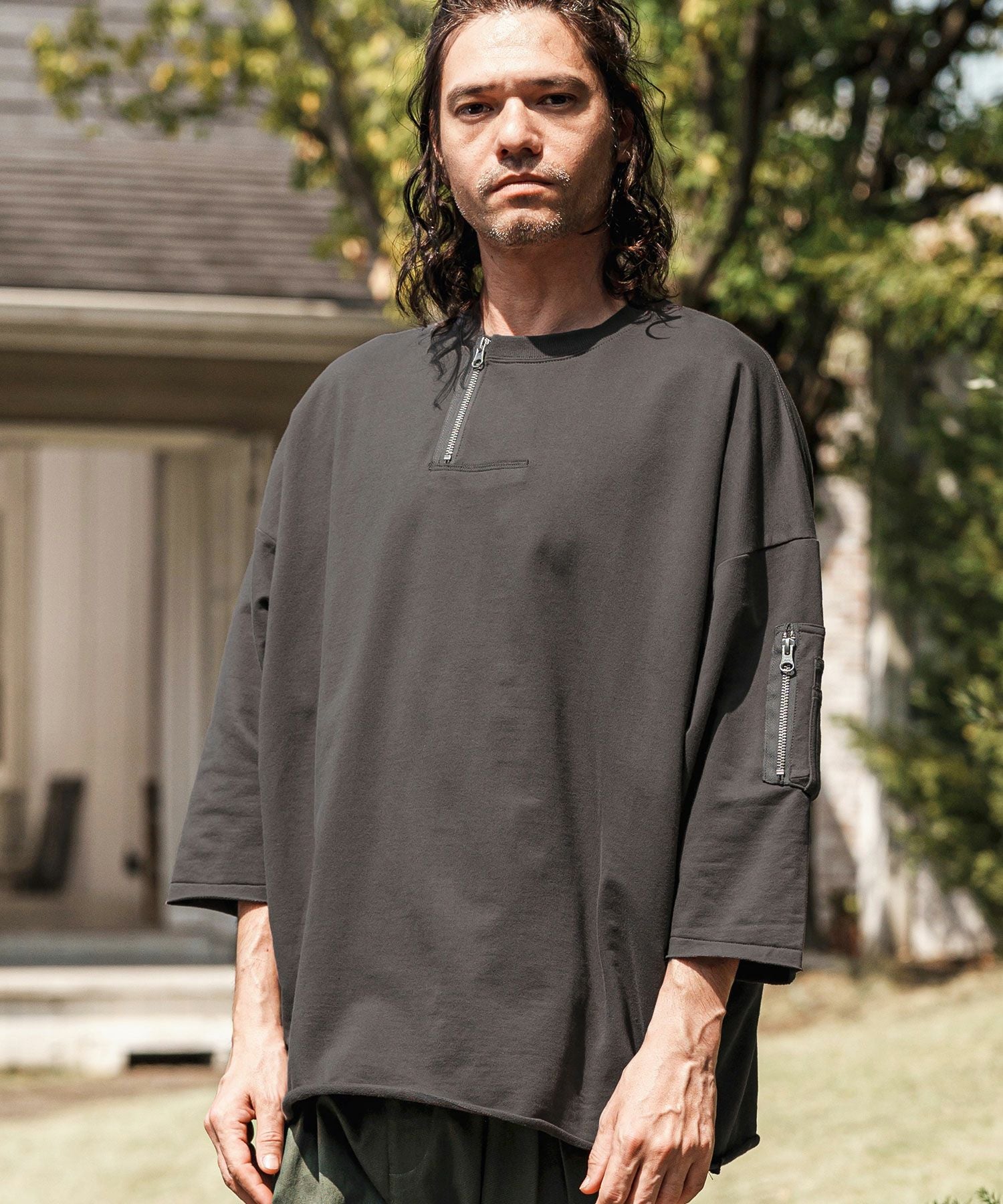 CAMBIO(カンビオ)】Zipper Neck 3-4 Sleeve Cut sew 半端袖カットソー