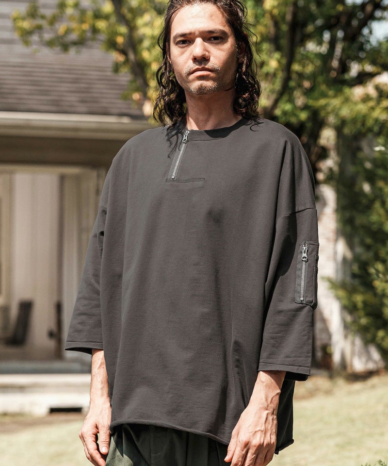 CAMBIO(カンビオ)】Zipper Neck 3-4 Sleeve Cut sew 半端袖カットソー 