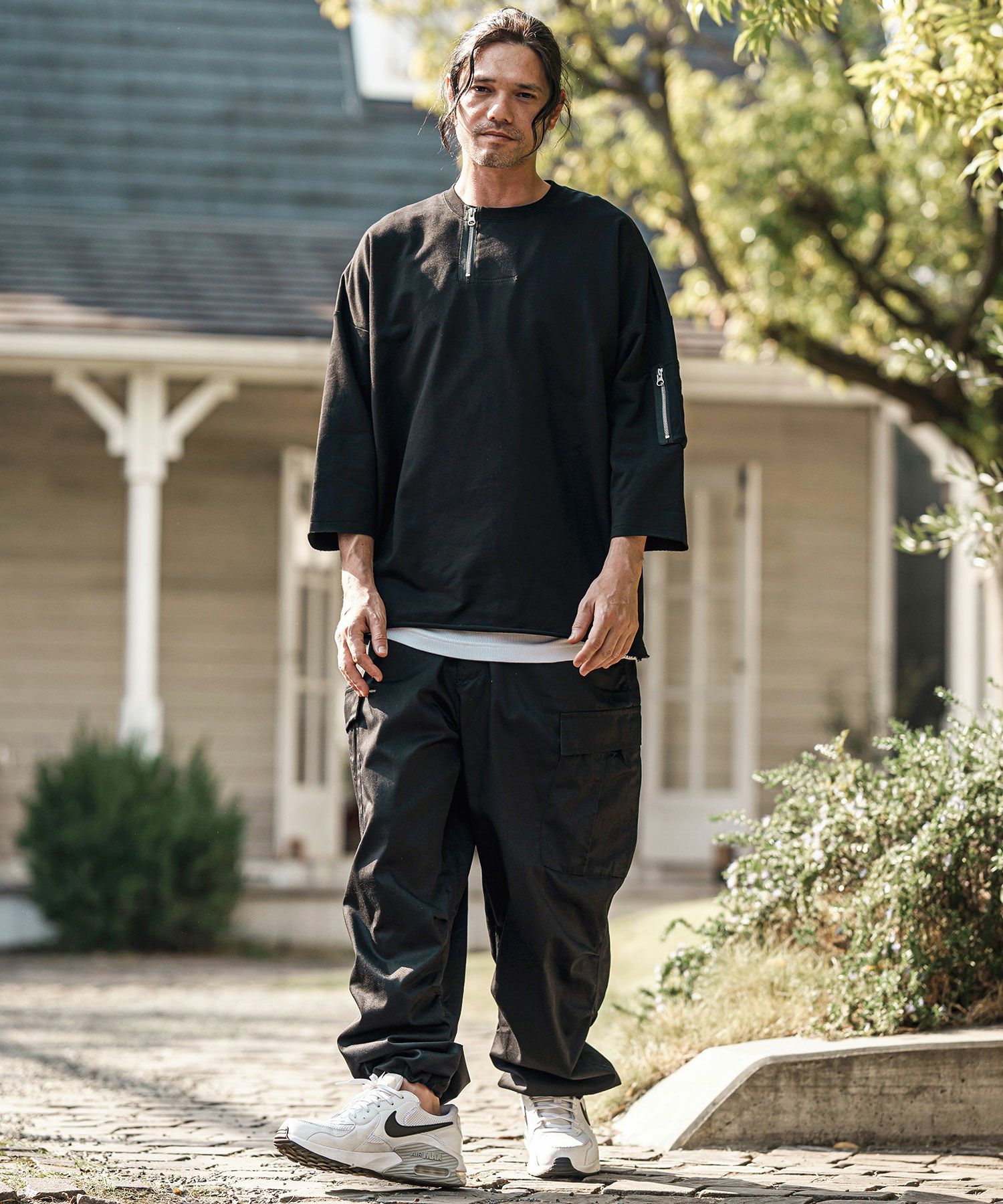 CAMBIO(カンビオ)】Zipper Neck 3-4 Sleeve Cut sew 半端袖カットソー
