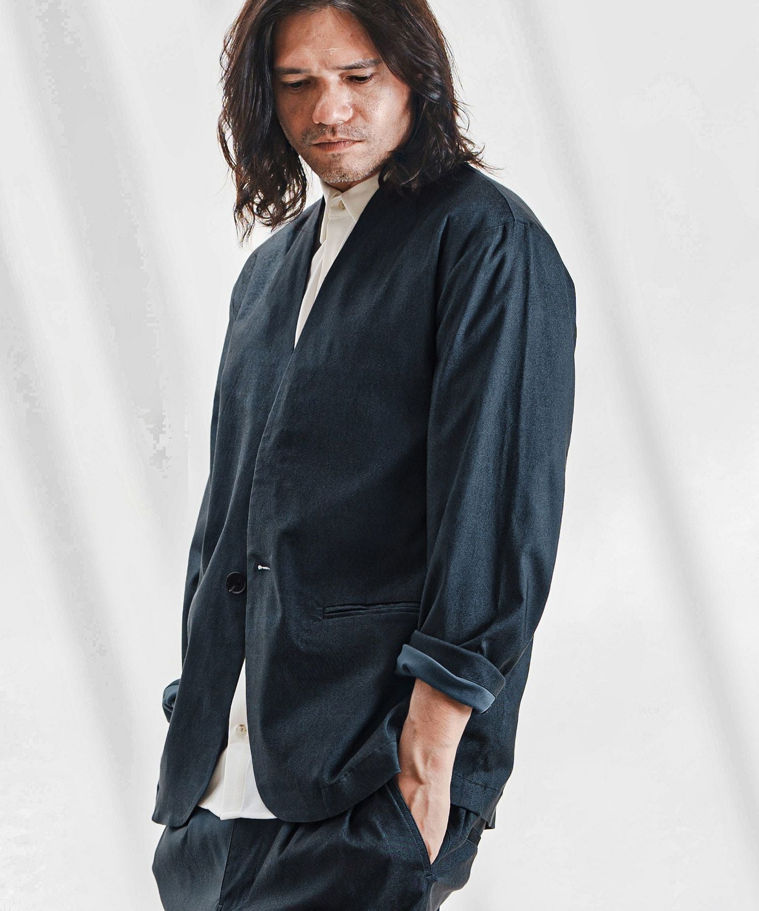 30%OFF【CAMBIO(カンビオ)】デニムライクノーカラージャケット