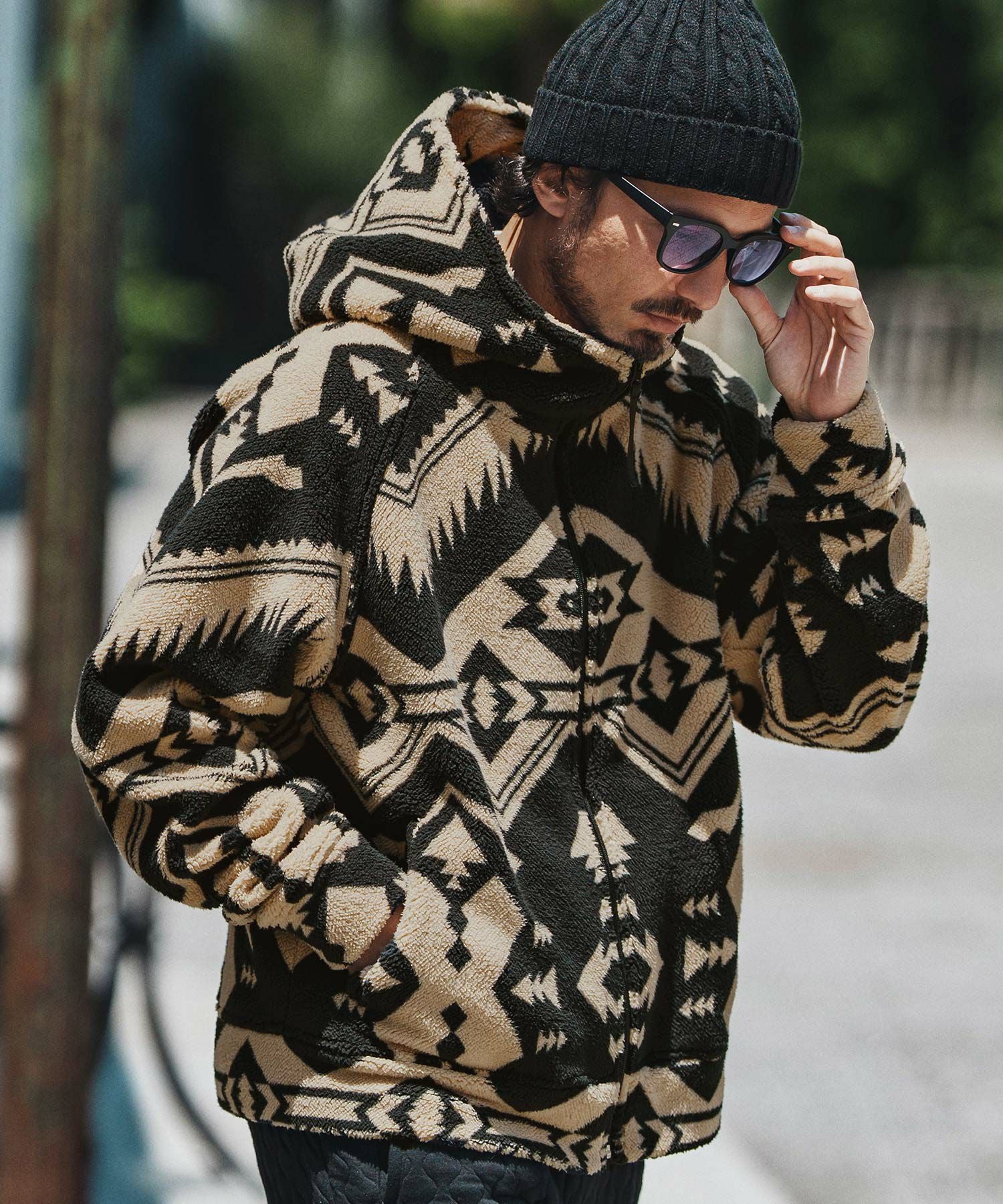 美品 20AW◎ワイスリー テレックスパーカーコート ブランドロゴプリント felkod(フィルコッド)】Ortega Pattern Fleece Parka フリースパーカー