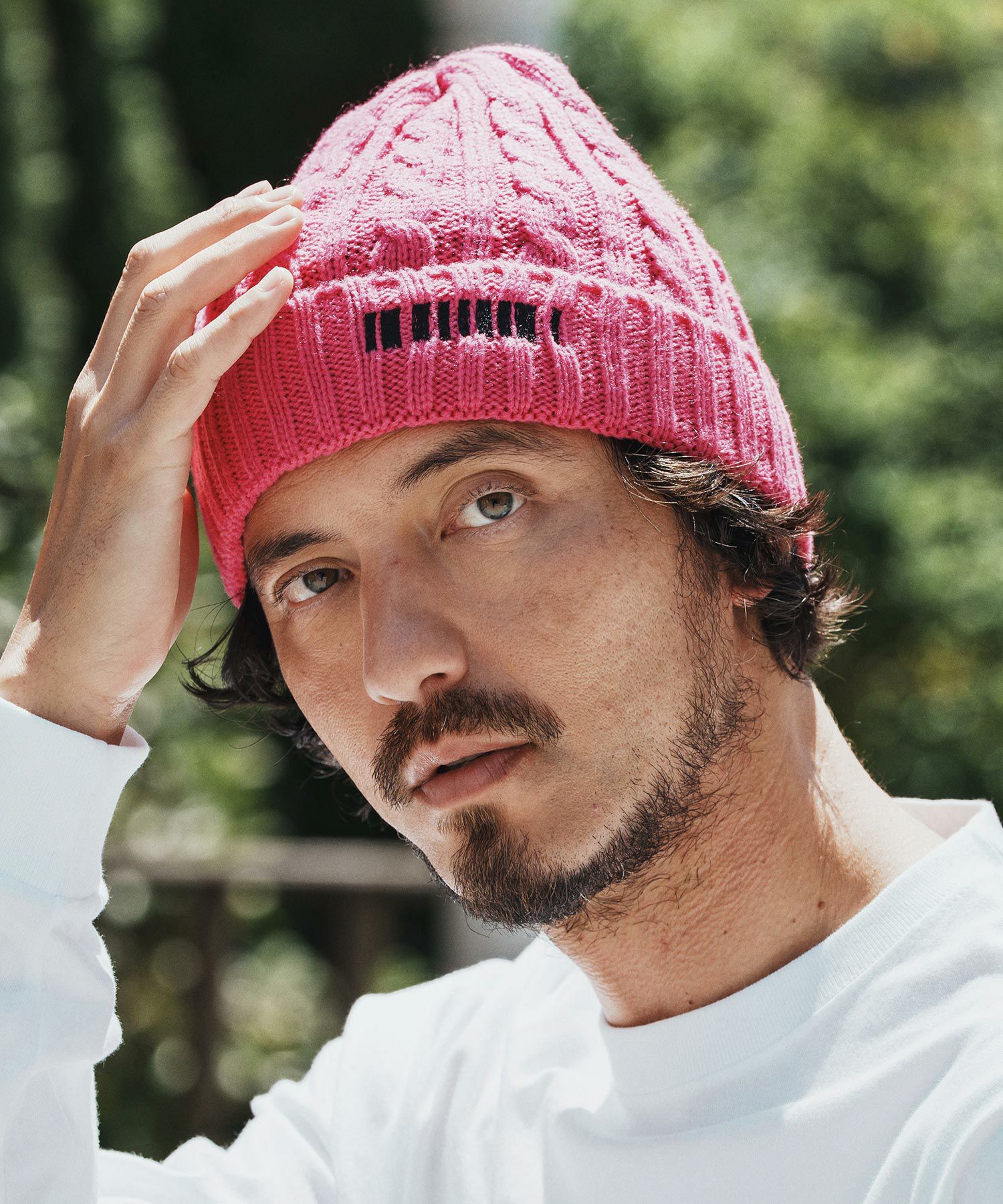 felkod(フィルコッド)】Barcode Embroidery Cable Knit Cap ケーブル