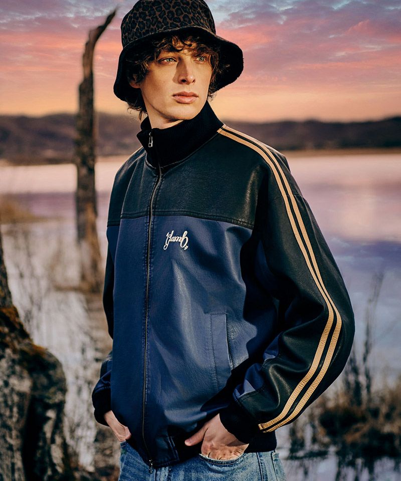 glamb(グラム)】Synth Leather Track Jacket シンセレザートラック