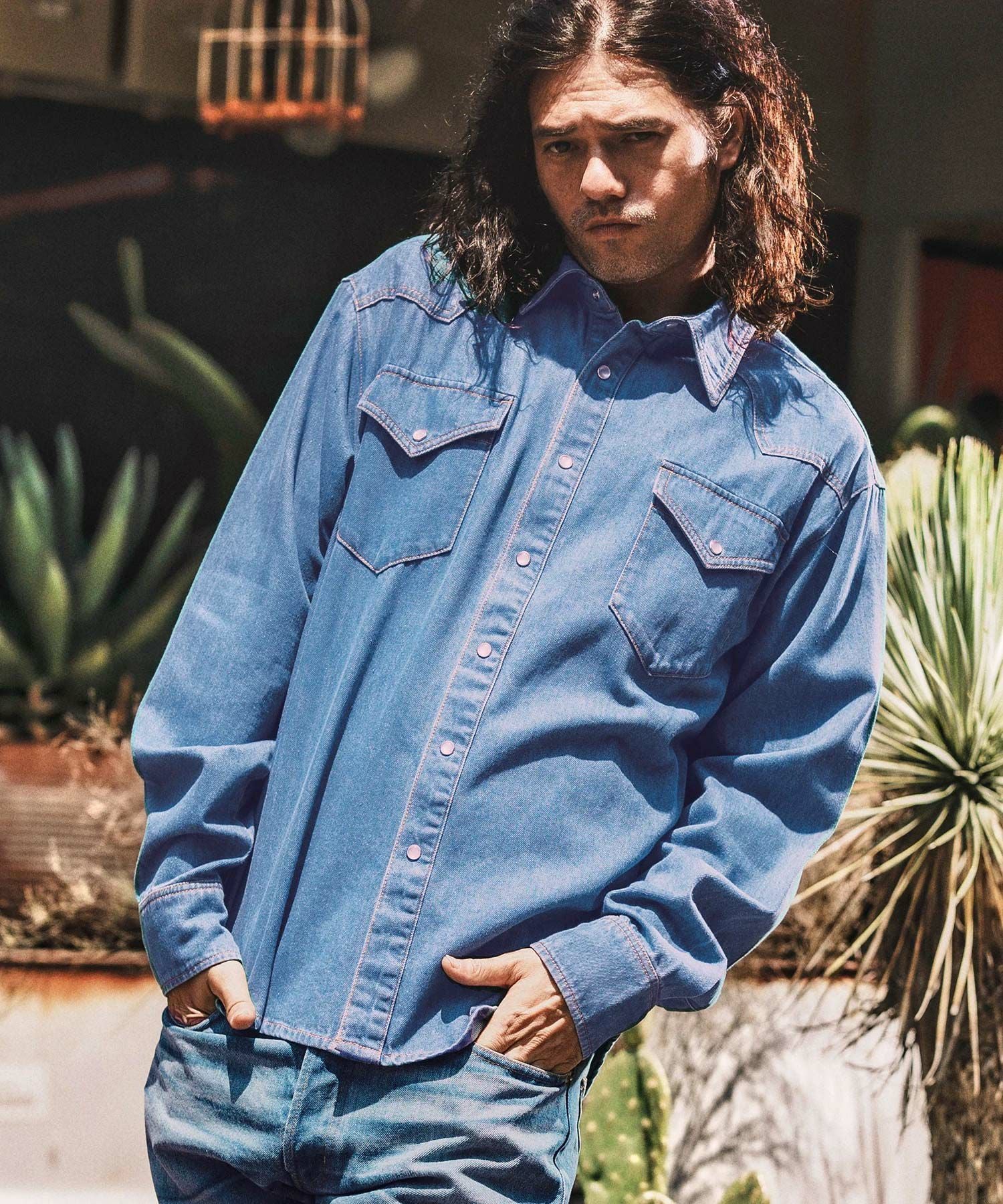 BODYSONG.(ボディソング)】RHOMBUS DENIM LS SHIRT デニムシャツ