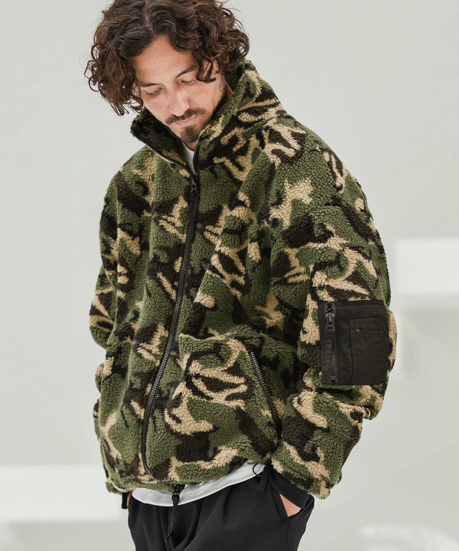 pamie ボアジャケット CAMBIO(カンビオ)】Camouflage Sheep Like Boa Jacket ボアジャケット