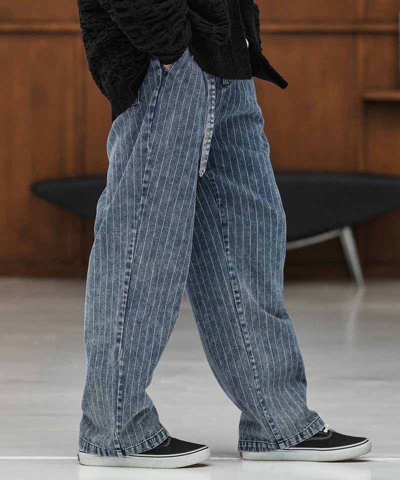 CAMBIO(カンビオ)】Stripe Denim Two Tuck Wide Belted Pants 