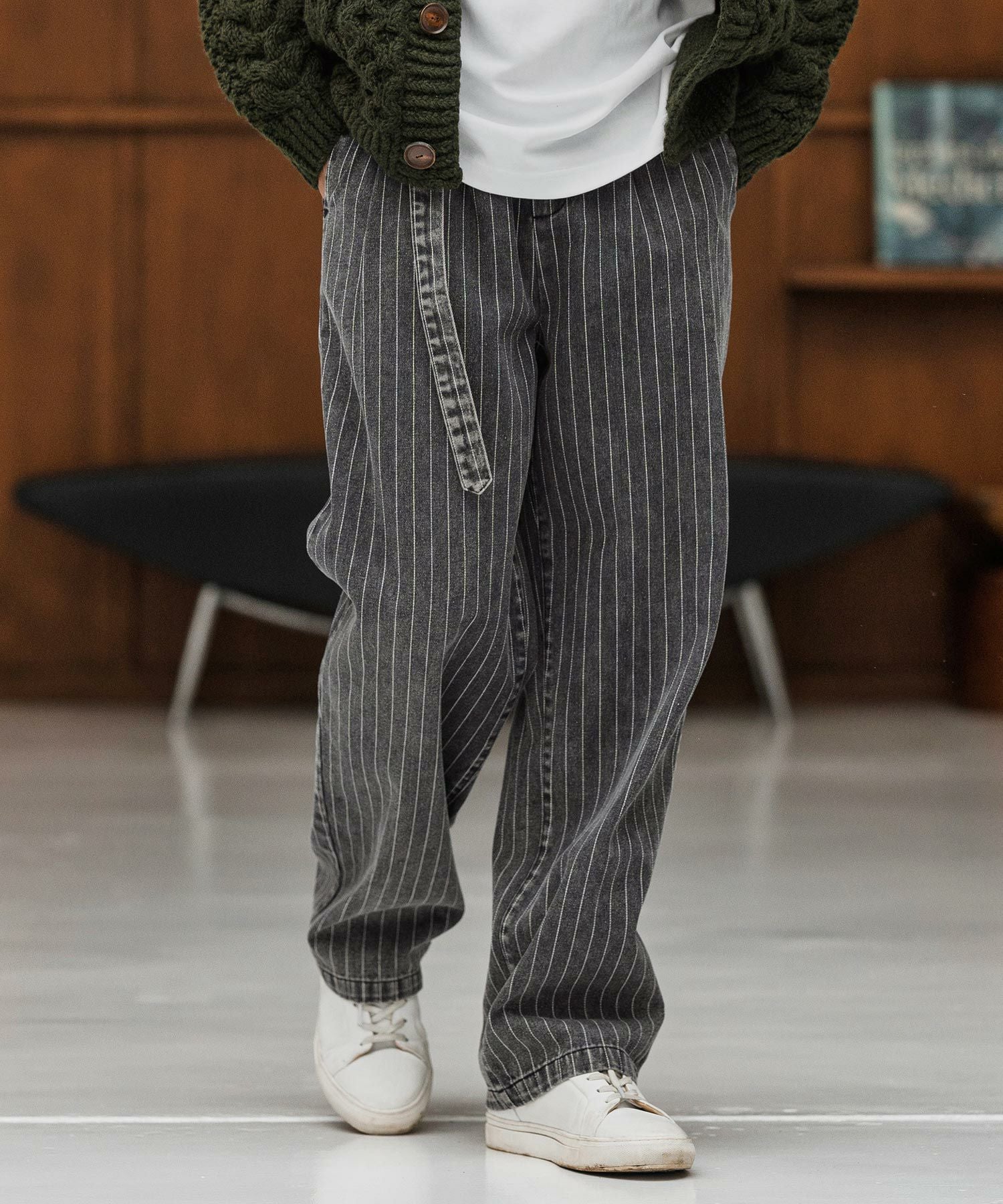 CAMBIO(カンビオ)】Stripe Denim Two Tuck Wide Belted Pants