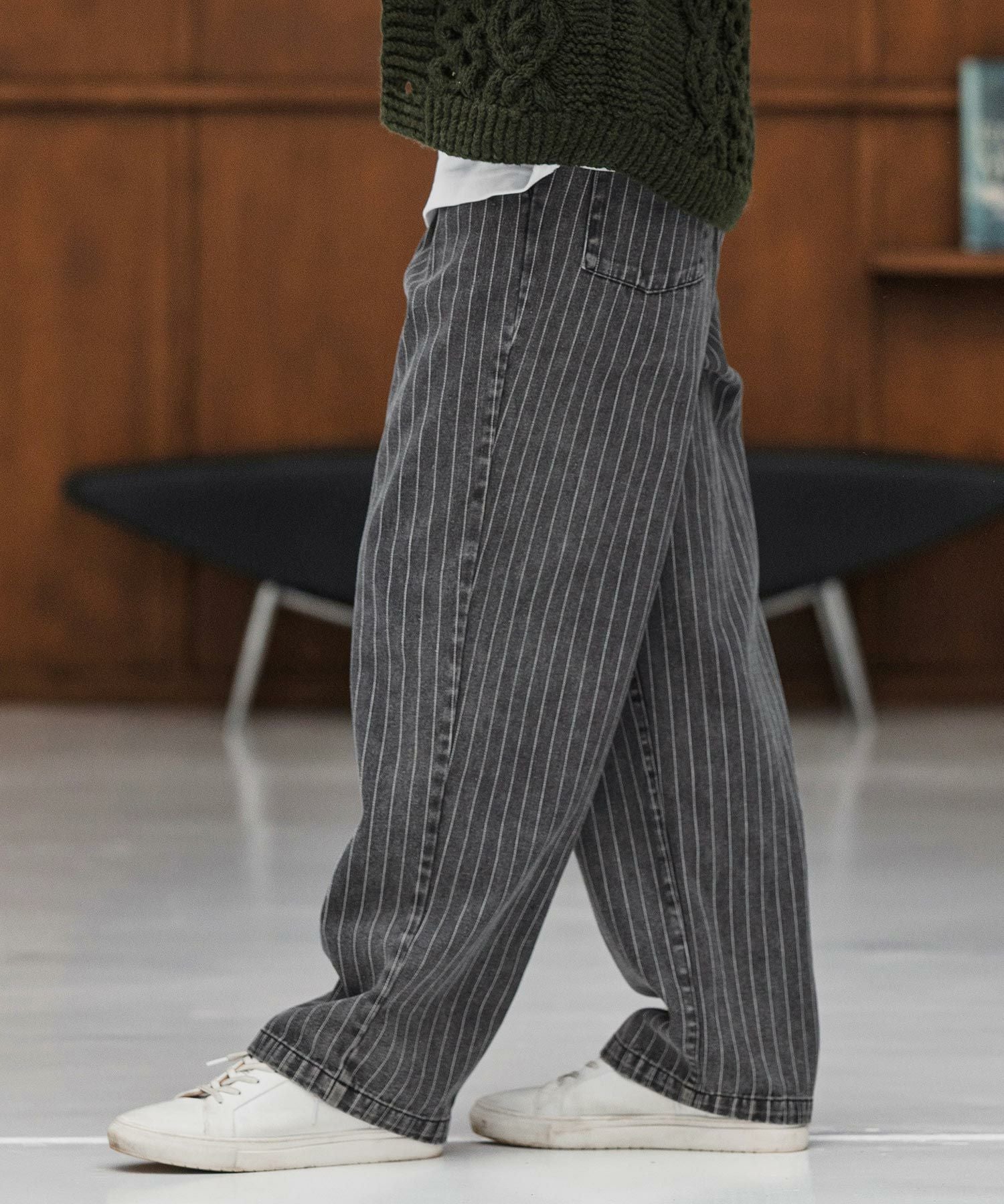 CAMBIO(カンビオ)】Stripe Denim Two Tuck Wide Belted Pants