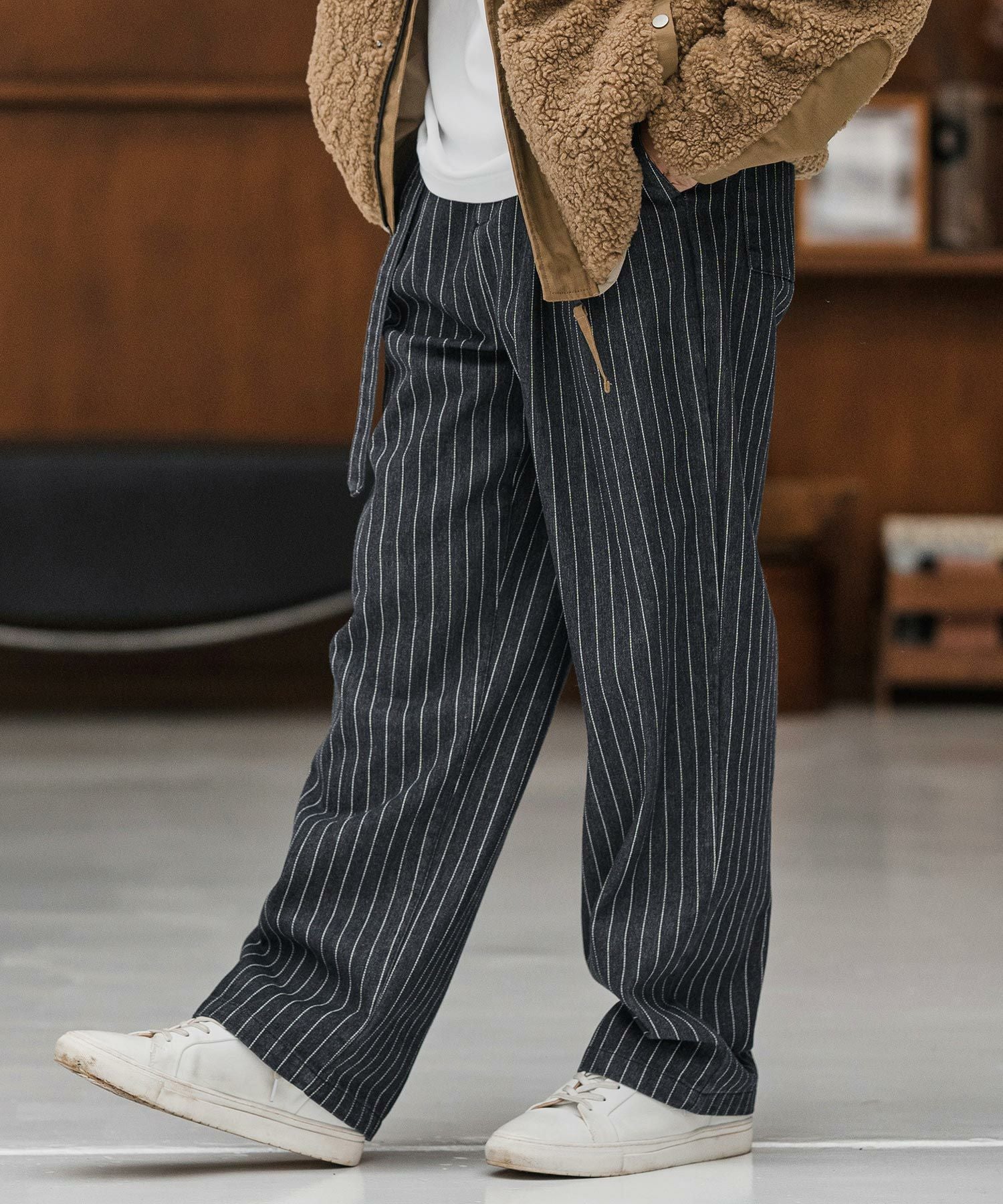 CAMBIO(カンビオ)】Stripe Denim Two Tuck Wide Belted Pants