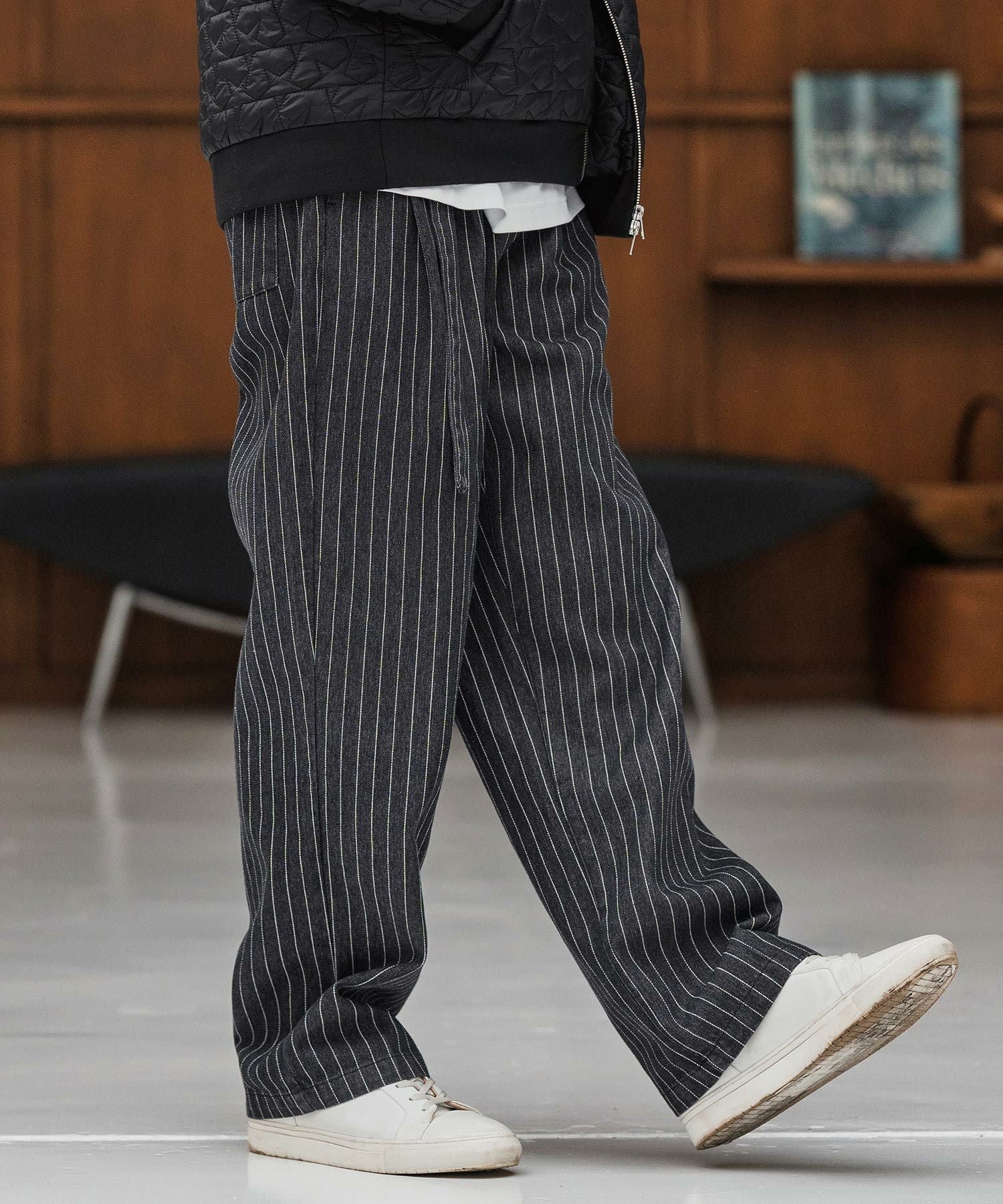CAMBIO(カンビオ)】Stripe Denim Two Tuck Wide Belted Pants