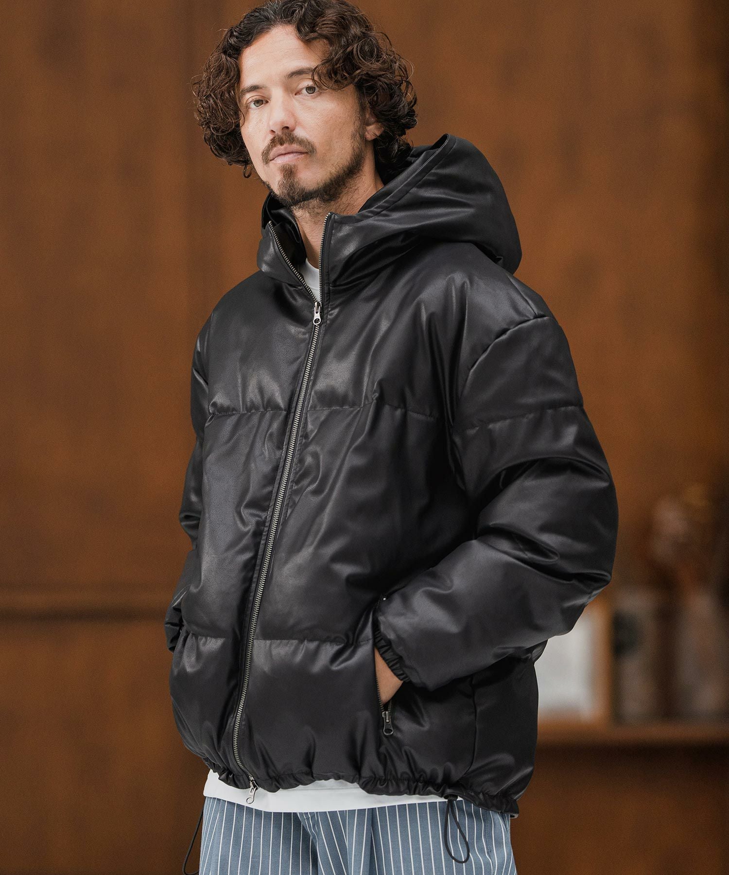 CAMBIO(カンビオ)】Synthetic Leather Padded Hooded Jacket