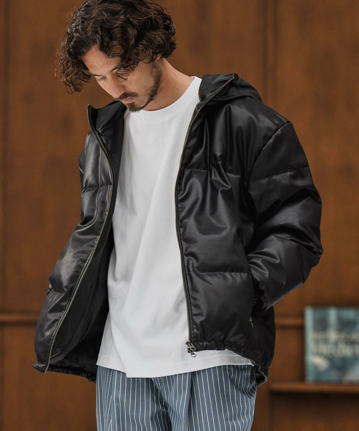 CAMBIO(カンビオ)】Synthetic Leather Padded Hooded Jacket