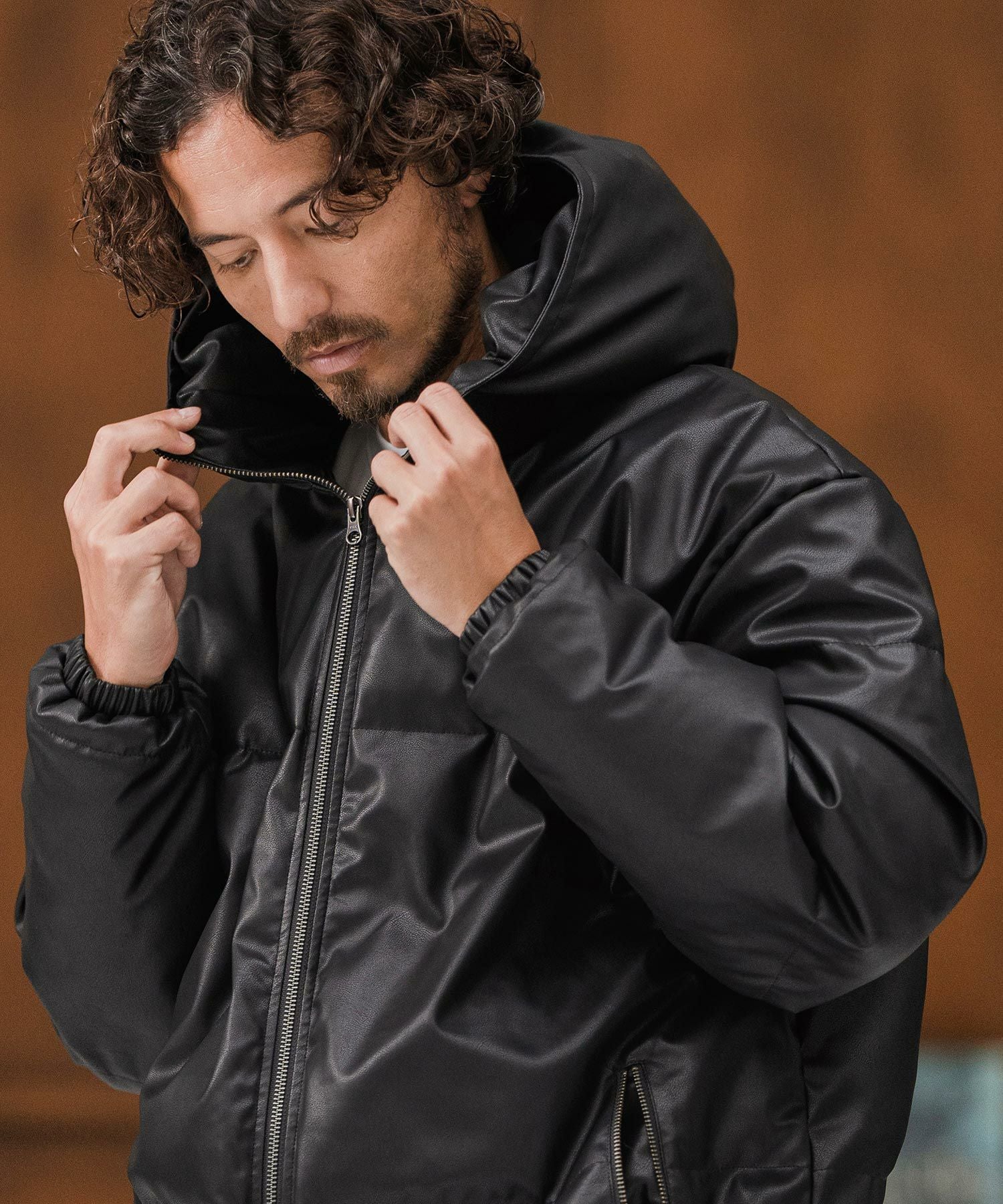 APsutdio ジャケット CAMBIO(カンビオ)】Synthetic Leather Padded Hooded Jacket