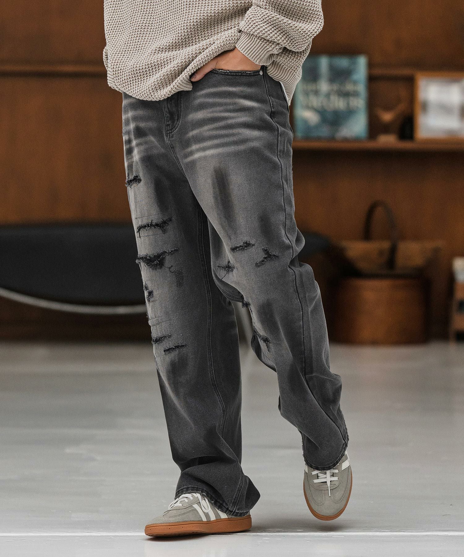 CAMBIO(カンビオ)】Distressed Denim Relax Straight Pants デニム