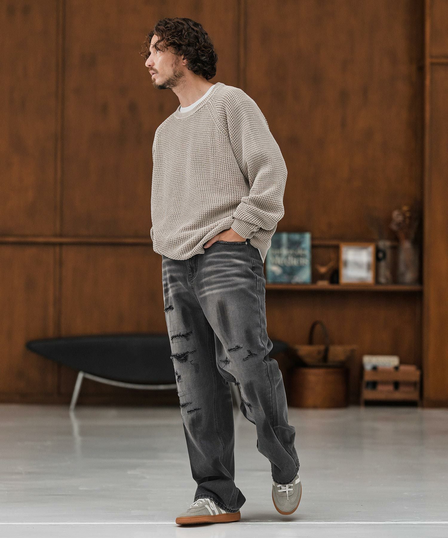 CAMBIO(カンビオ)】Distressed Denim Relax Straight Pants デニム