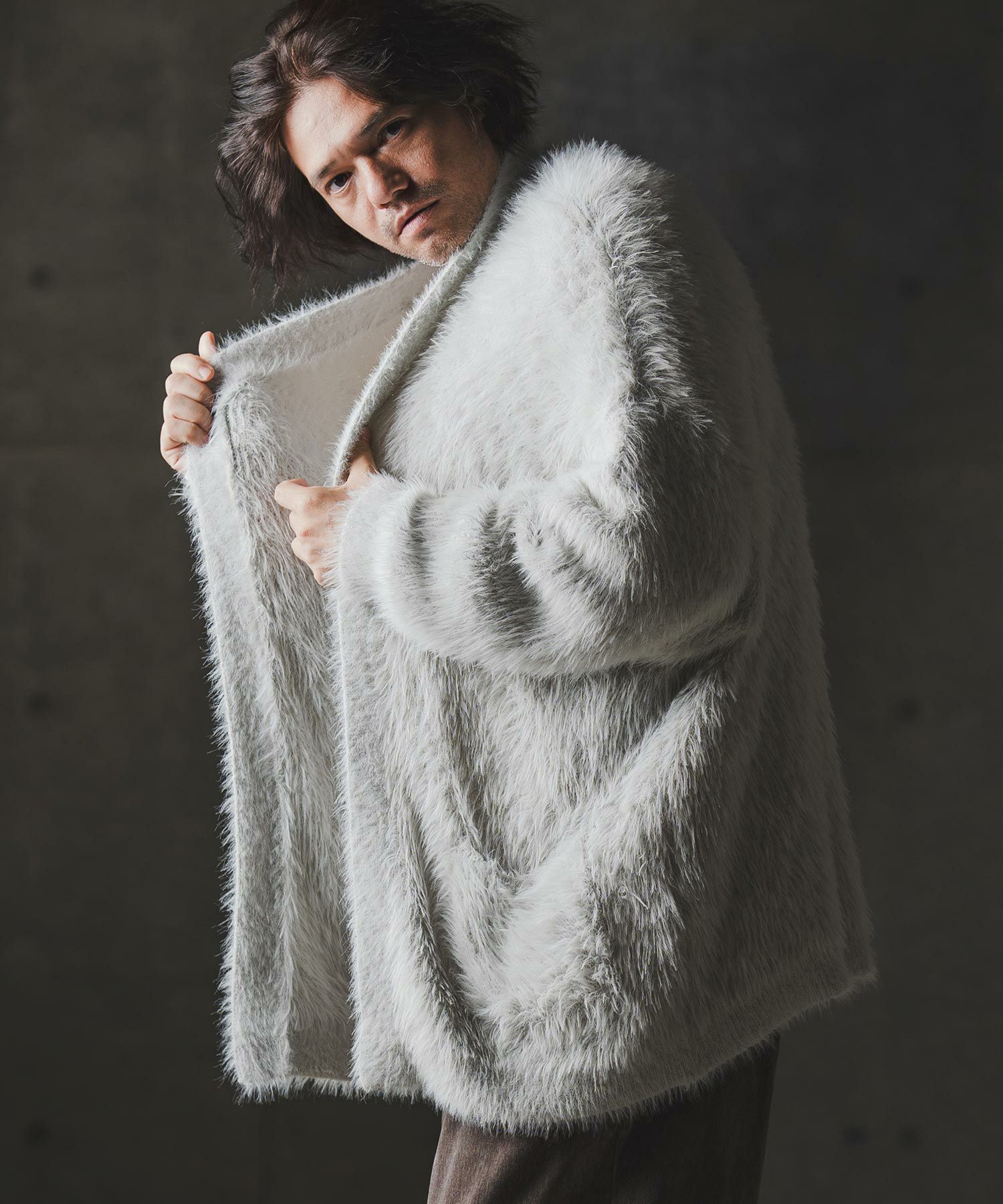 GLIMCLAP Feather yarn long cardigan 未使用L GLIMCLAP(グリムクラップ)】Minimai detail cardigan -Feather yarn