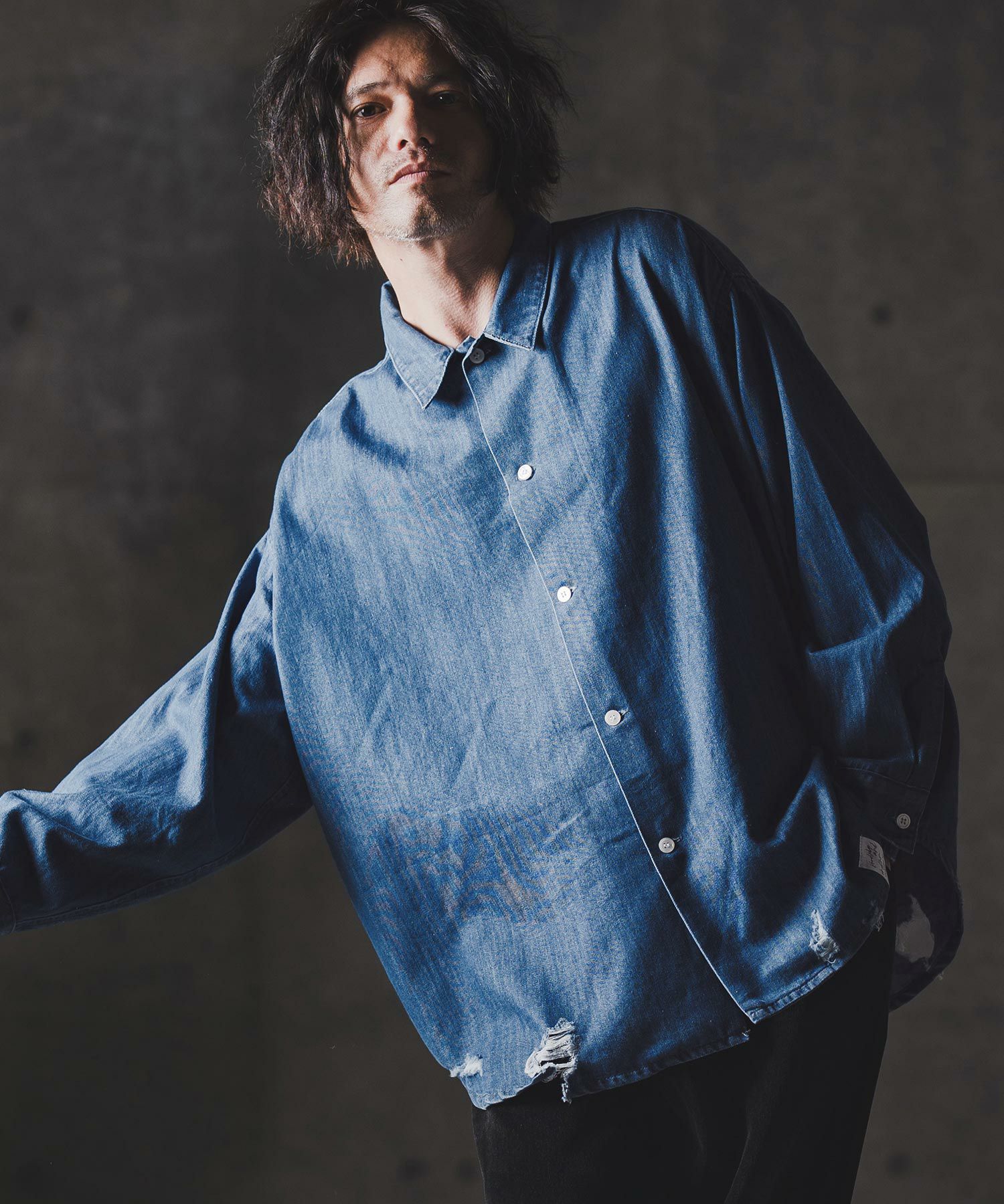 30%OFF【GLIMCLAP(グリムクラップ)】Ripped denim shirt デニムシャツ