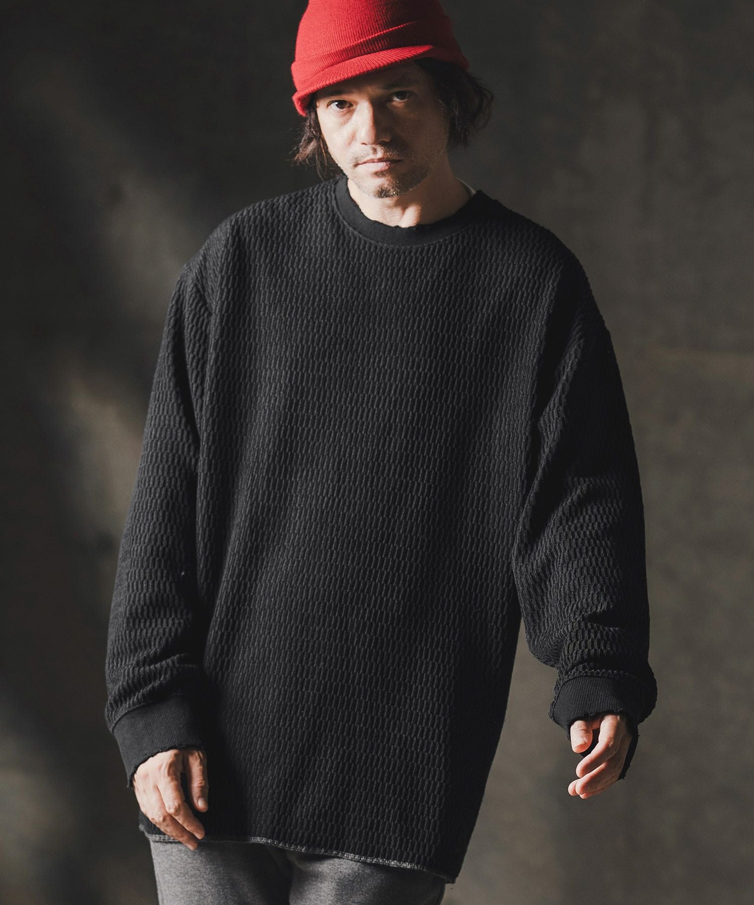 GLIMCLAP(グリムクラップ)】Jacquard texture cut sew-Distressed for GLIMCLAP(グリムクラップ)】Jacquard texture cut sew-Distressed for