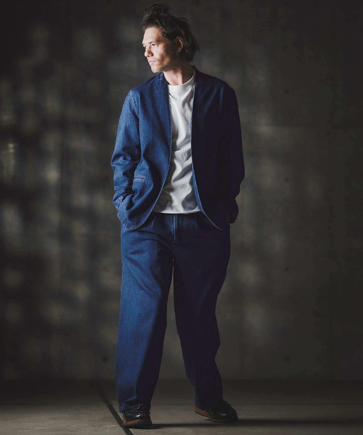 【GLIM CLAP】デニムジャケット　パンツ　セットアップ 50%OFF【GLIMCLAP(グリムクラップ)】Denim minimal Jacket-Distressed