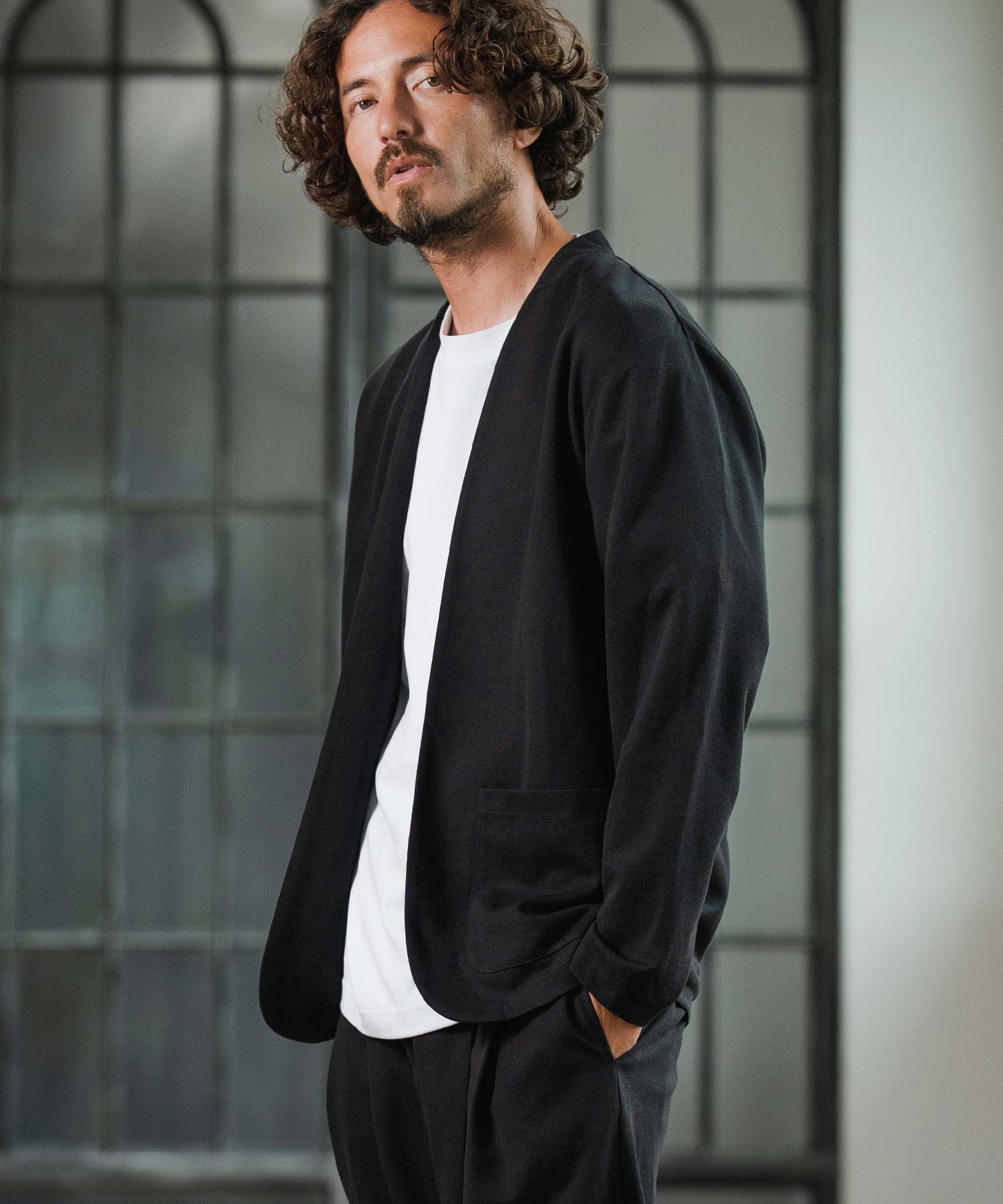 Magine(マージン)】Surf Knit Fabric Collarless Jacket ノーカラー