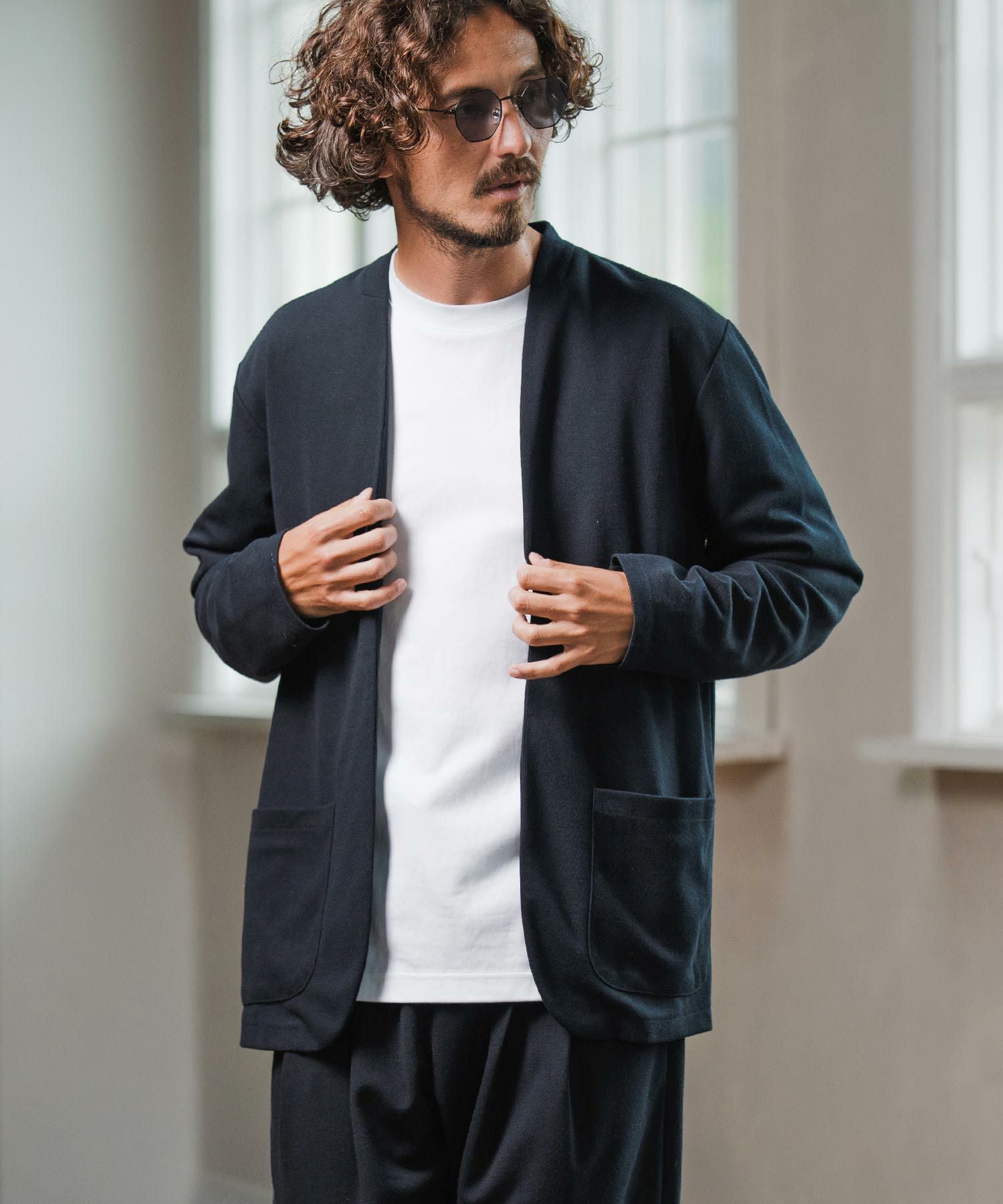 Magine(マージン)】Surf Knit Fabric Collarless Jacket ノーカラー
