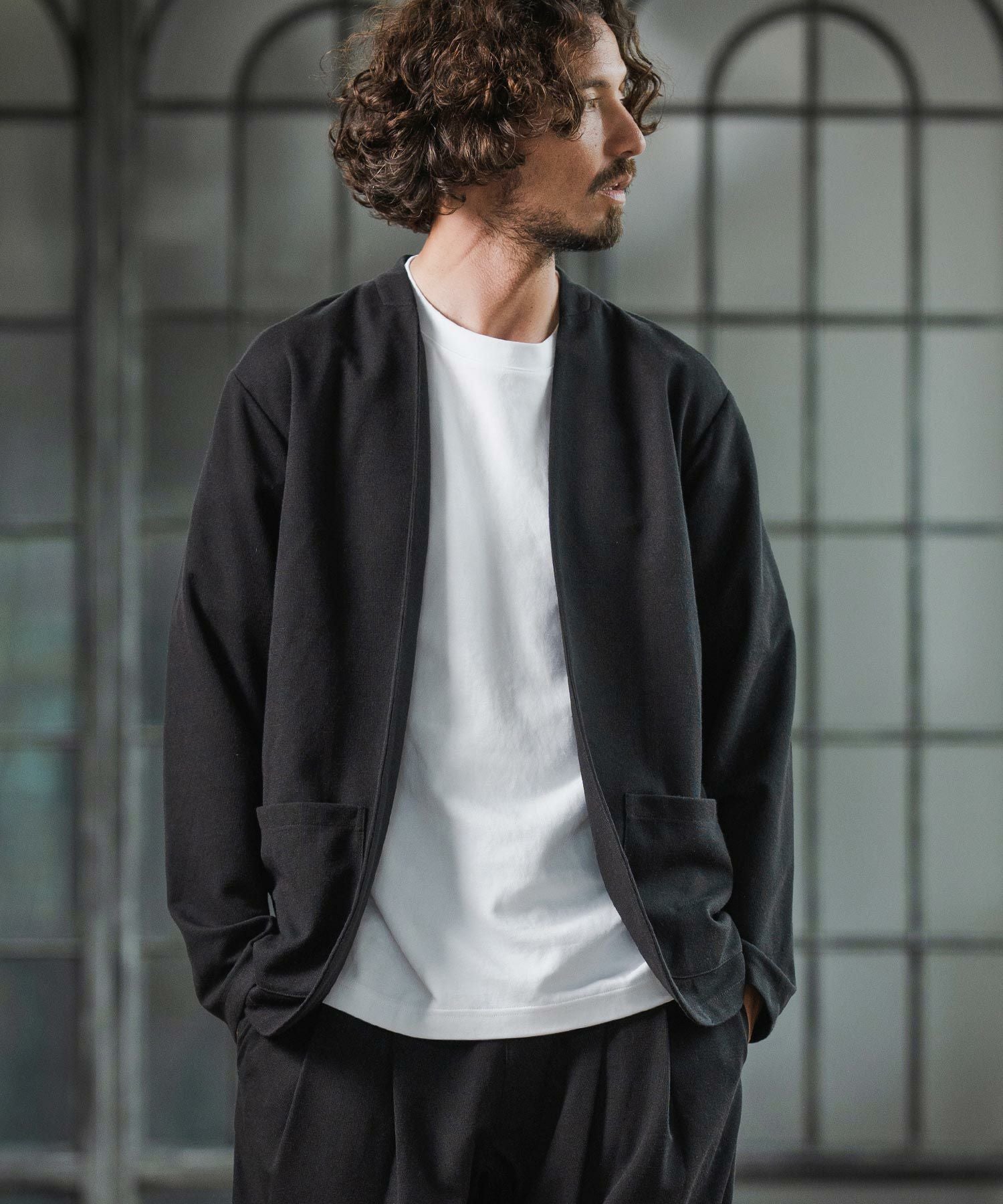 Magine(マージン)】Surf Knit Fabric Collarless Jacket ノーカラー