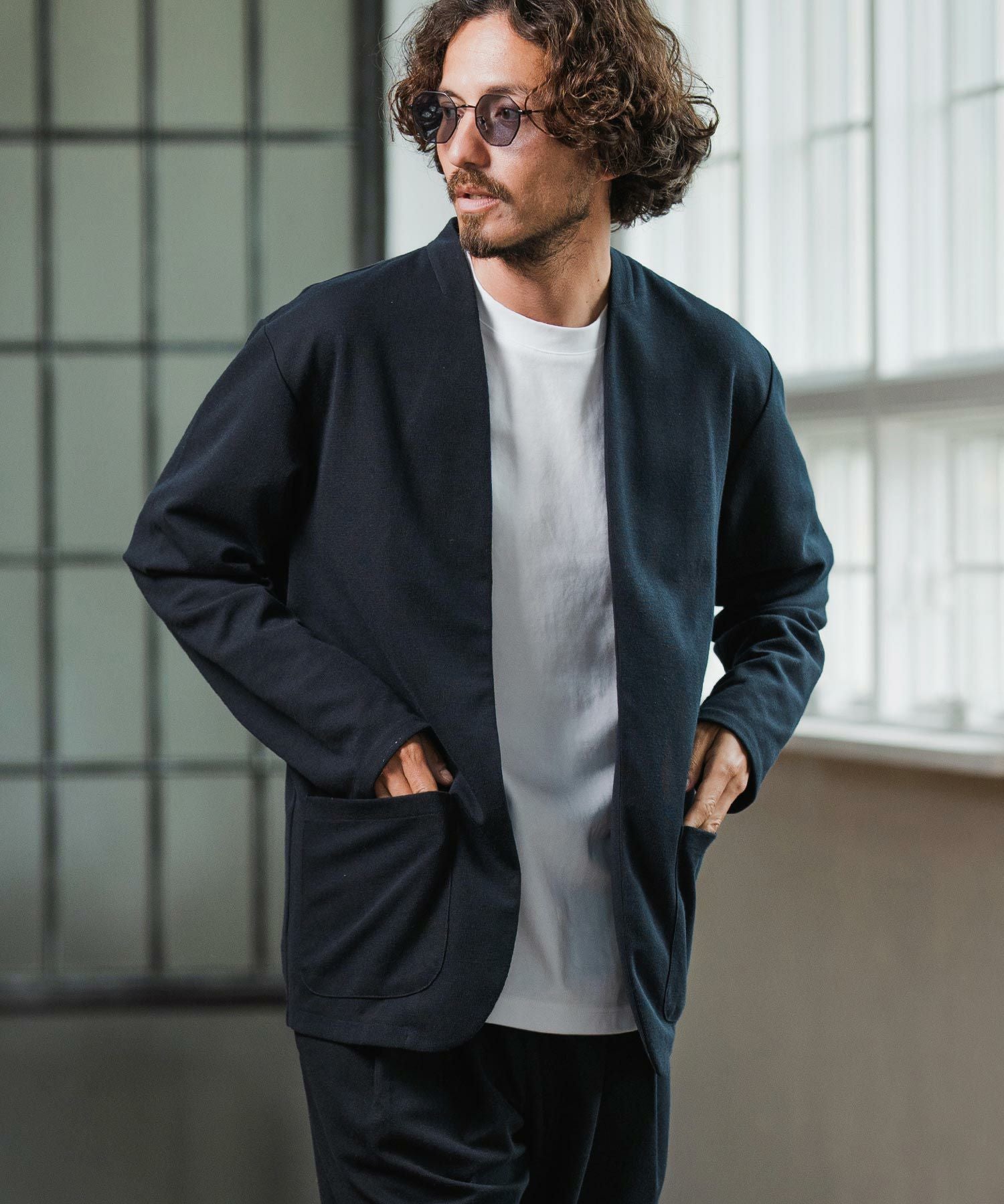 Magine(マージン)】Surf Knit Fabric Collarless Jacket ノーカラー