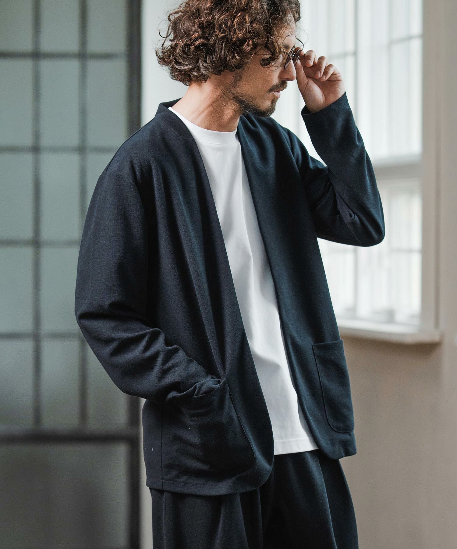 Magine(マージン)】Surf Knit Fabric Collarless Jacket ノーカラー