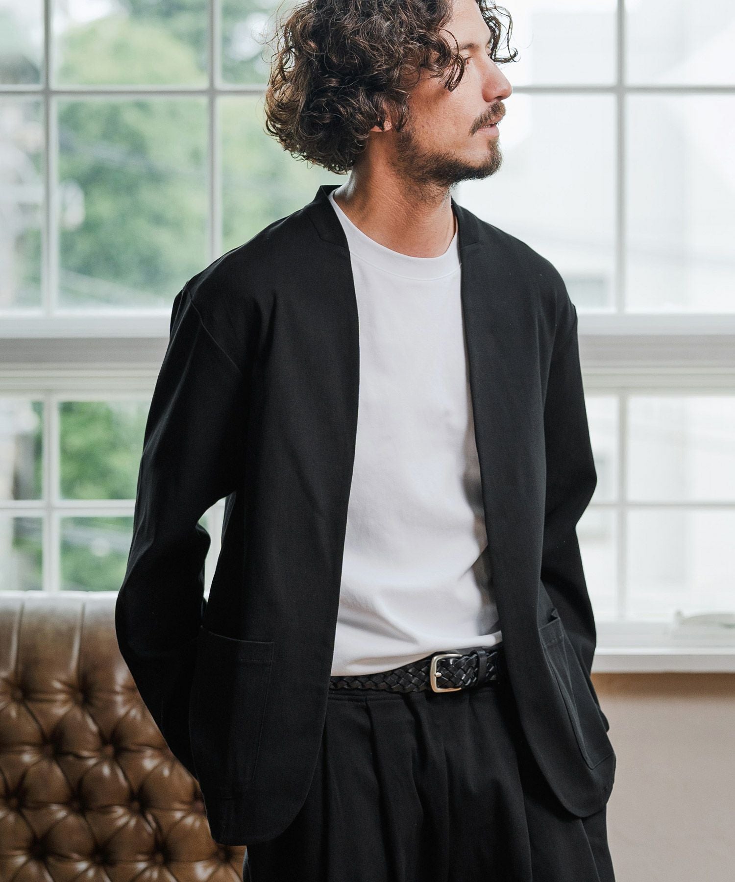 Magine(マージン)】Collarless Patch Pocket Jacket ノーカラー