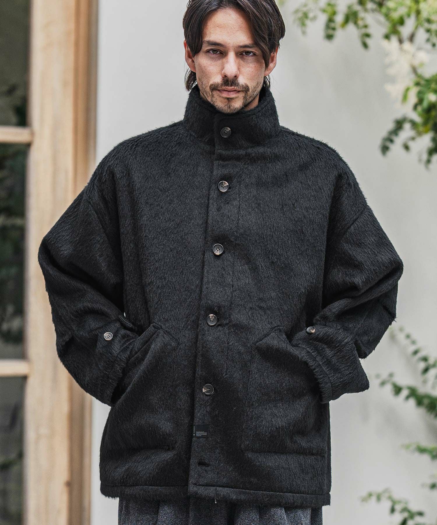 ミリタリースタイル 黒 ウール混紡ジャケット CAMBIO(カンビオ)】Shaggy Melton Stand Collar Military Jacket