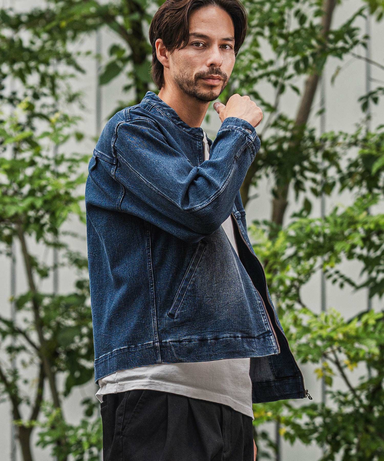 CAMBIO(カンビオ)】ストレッチデニムシングルライダースジャケット