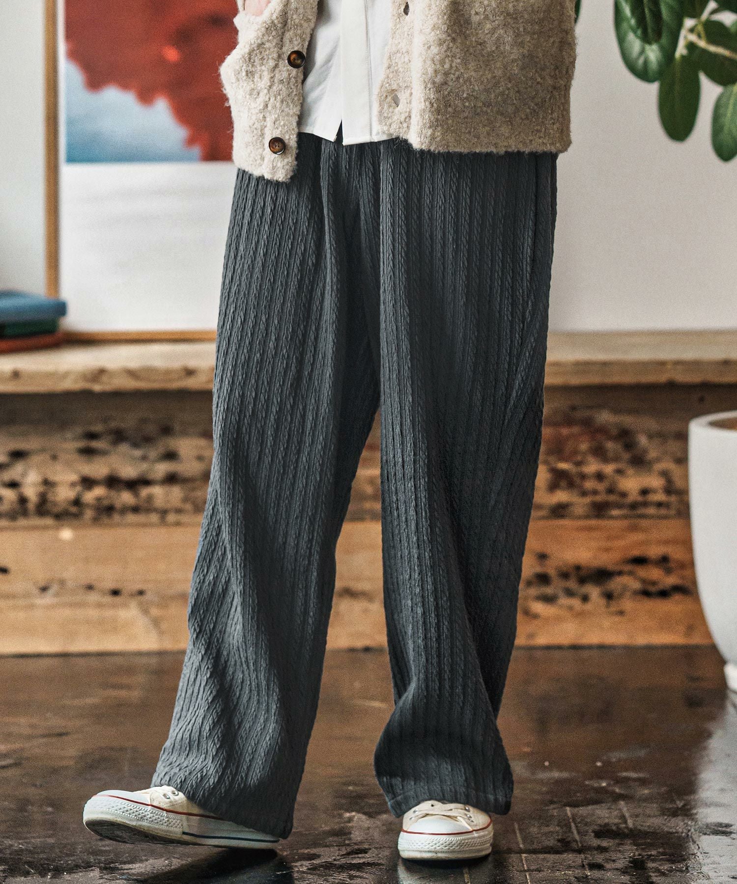 CAMBIO(カンビオ)】Fleece Lining Knit Bonding Wide Straight Pants