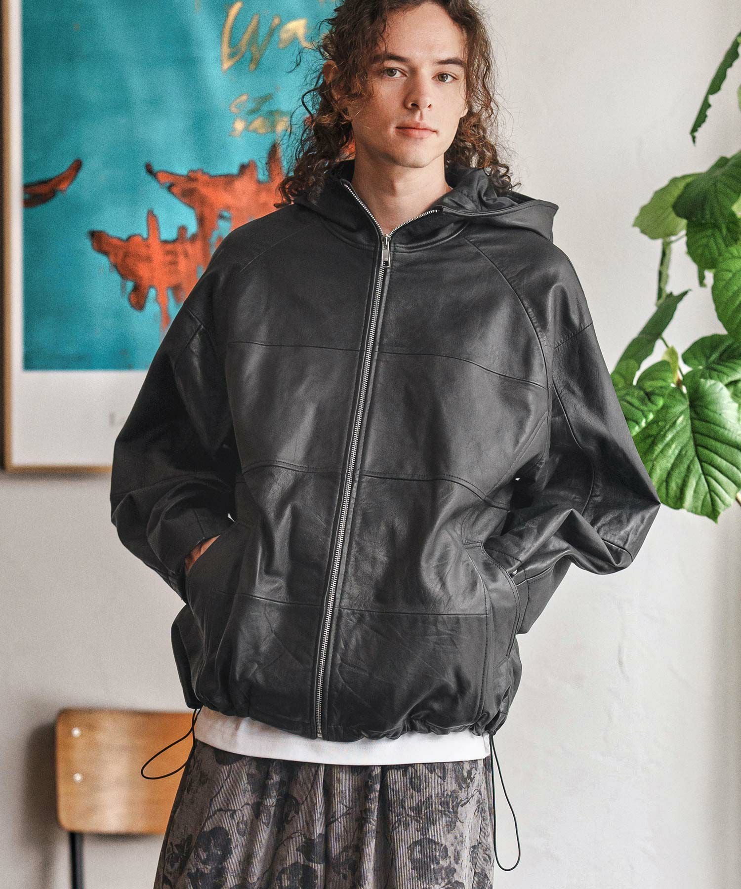 CAMBIO（カンビオ） ブラックレザーフードジャケット Lサイズ CAMBIO(カンビオ)】Oversized Re Product Leather Hooded Jacket