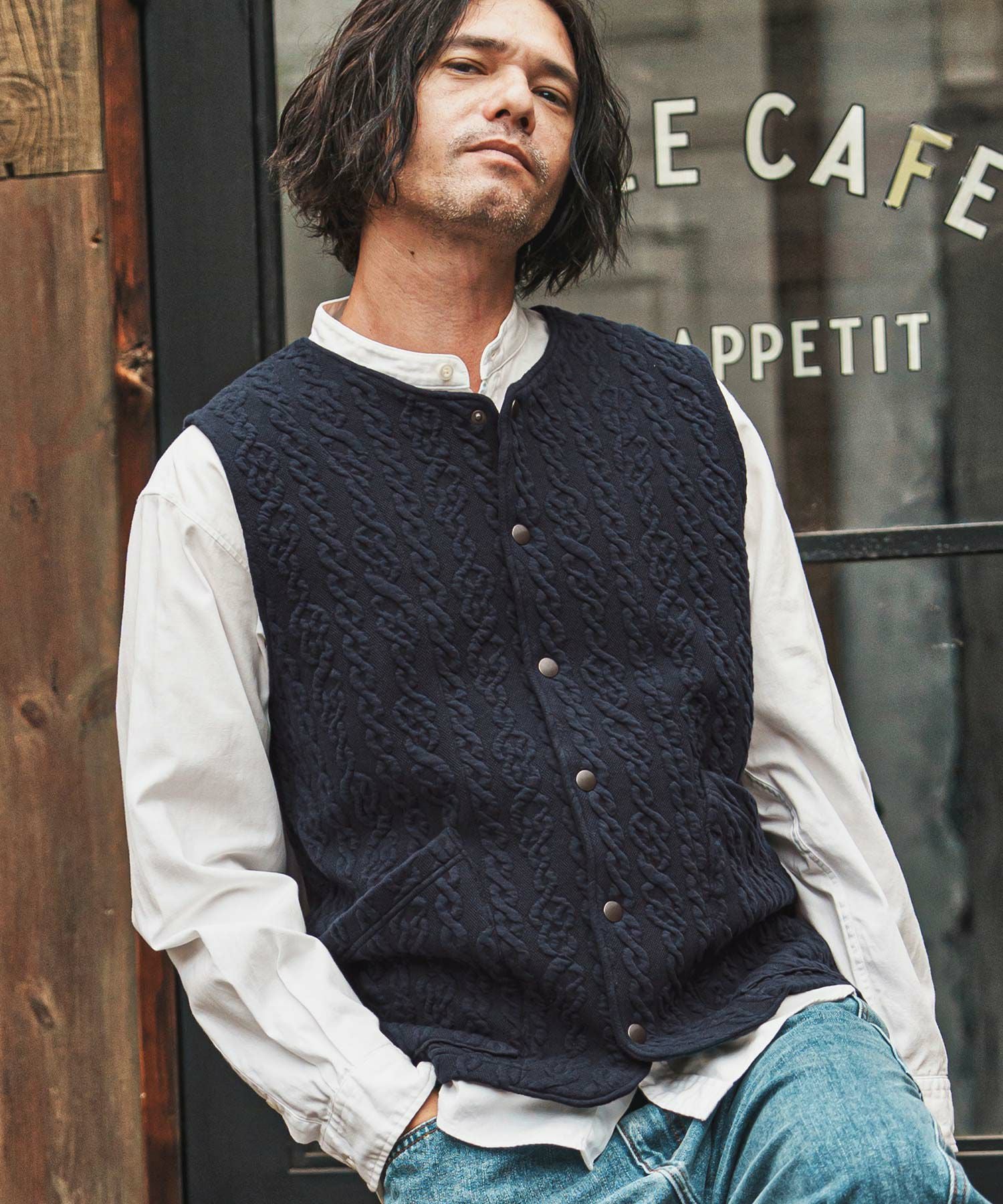 【極美品】CAMBIO ストレッチケーブルキルティングノーカラーベスト M CAMBIO(カンビオ)】ストレッチケーブルキルティングノーカラーベスト