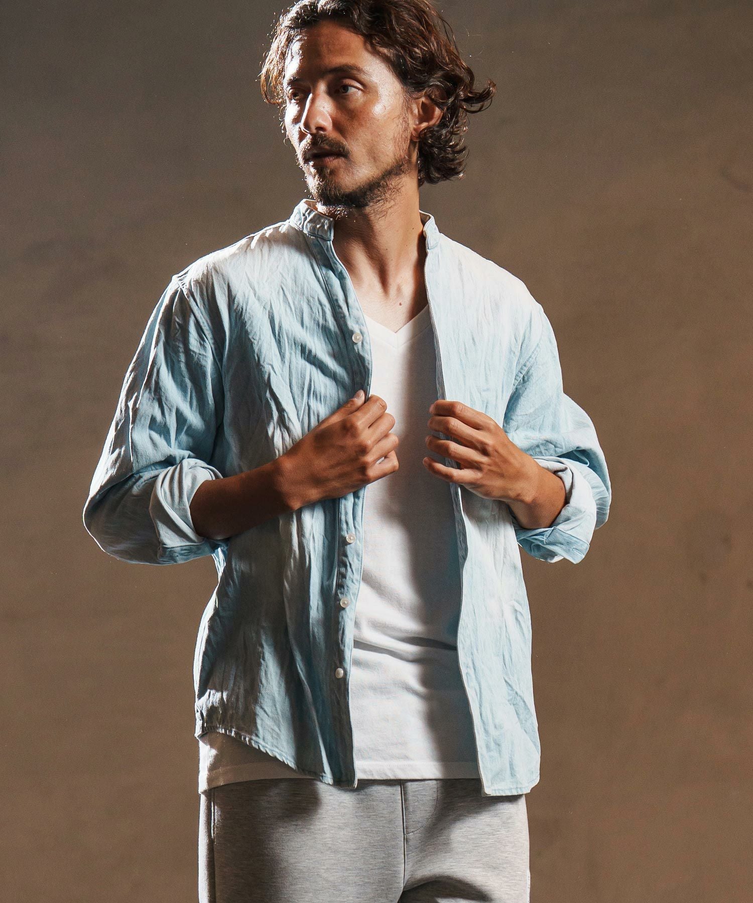 wjk reluxe】wrinkle band collar denim shirts デニムシャツ(WR25W-14