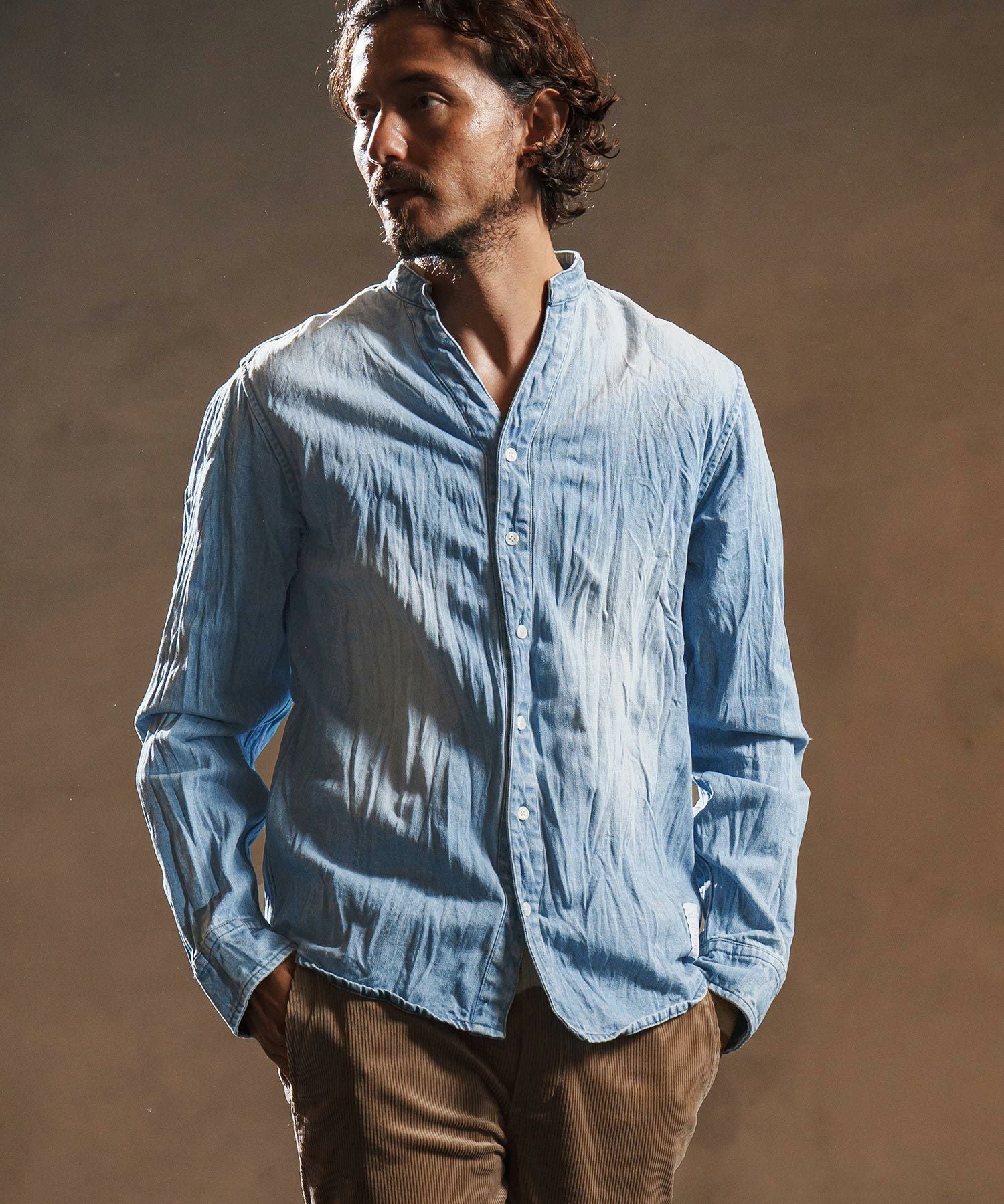 CLORE+ デニムシャツジャケット wjk reluxe】wrinkle band collar denim shirts デニムシャツ(WR25W-14