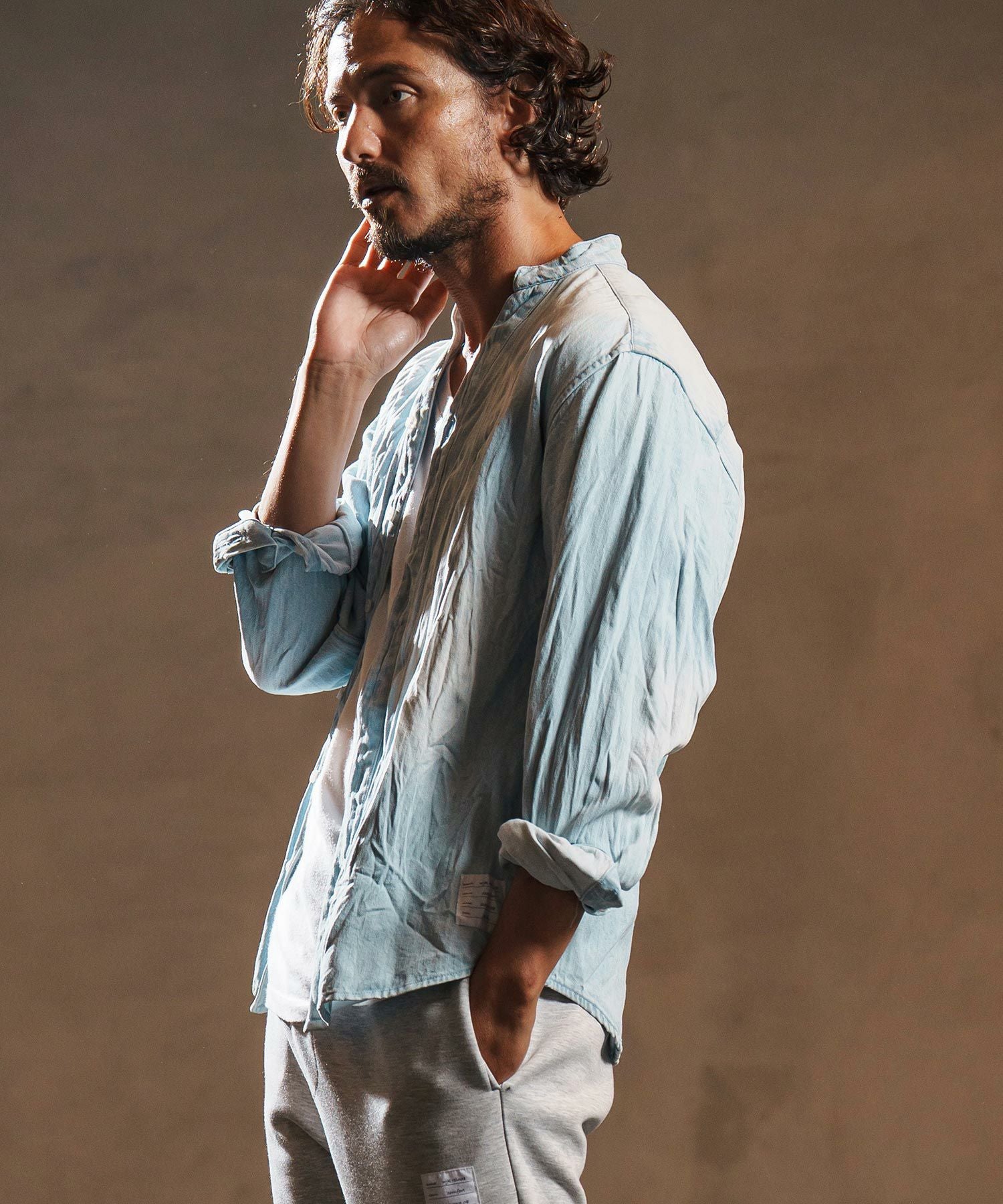 wjk reluxe】wrinkle band collar denim shirts デニムシャツ(WR25W-14