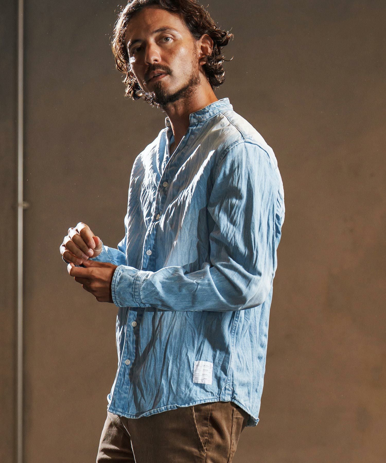 wjk reluxe】wrinkle band collar denim shirts デニムシャツ(WR25W-14