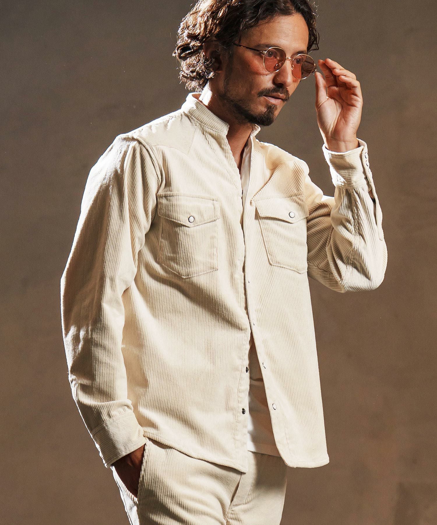 wjk reluxe】stretch corduroy band collar western shirts ウェスタン
