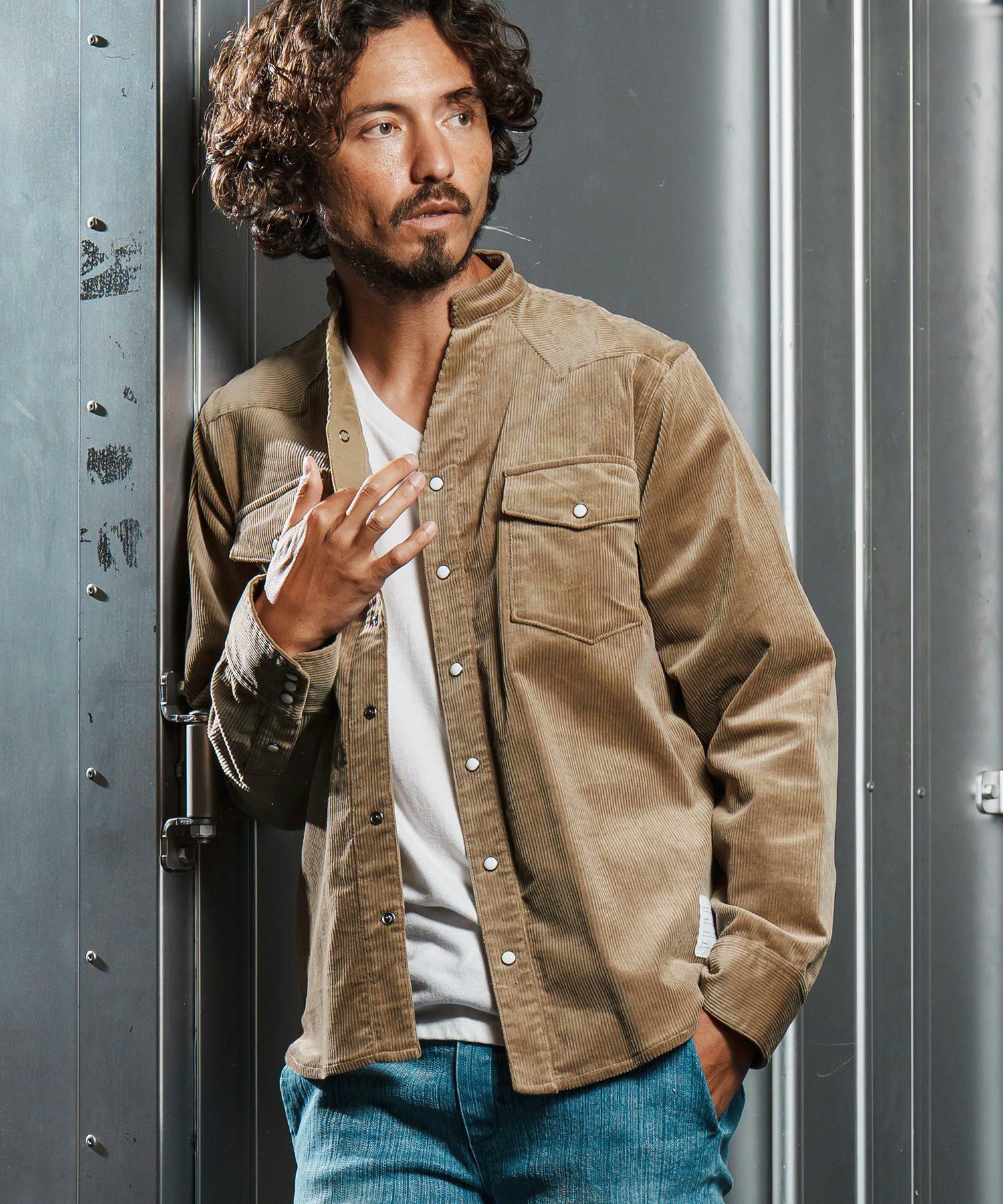 wjk reluxe】stretch corduroy band collar western shirts ウェスタン