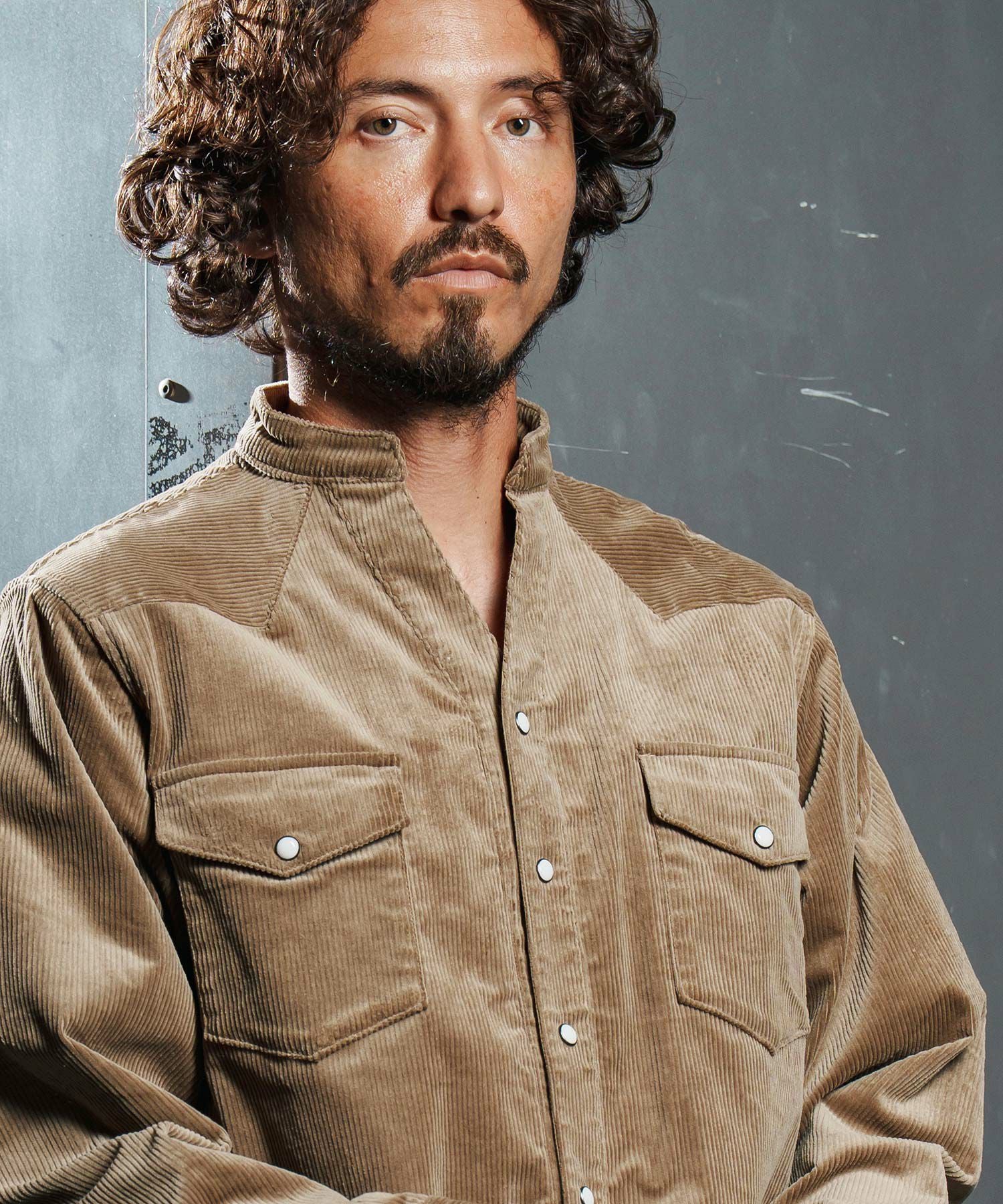 wjk reluxe】stretch corduroy band collar western shirts ウェスタン