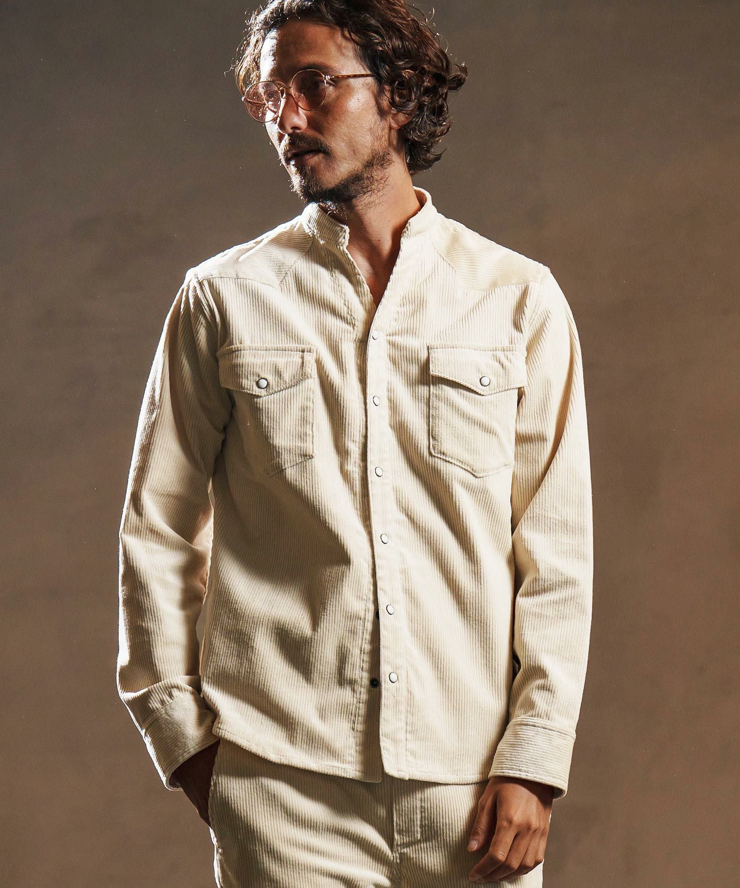 wjk reluxe】stretch corduroy band collar western shirts ウェスタン